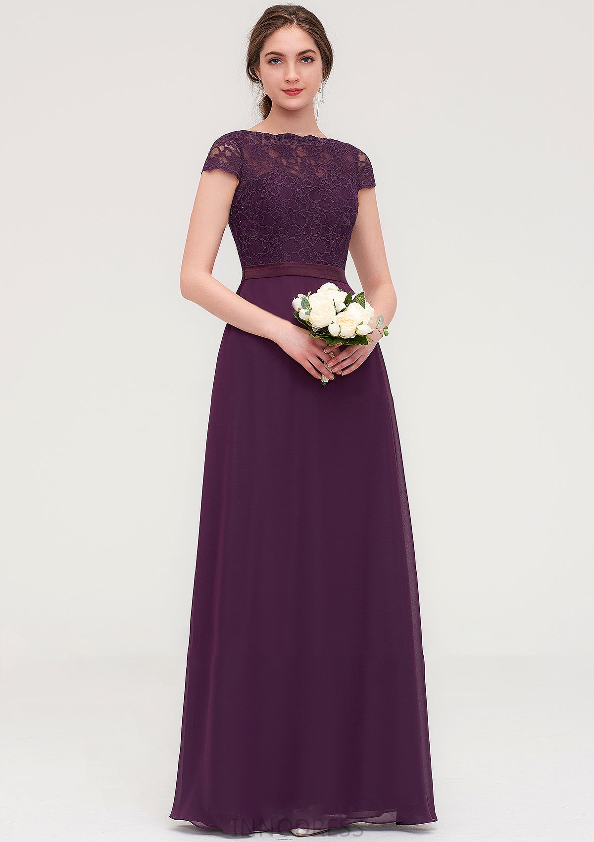 Short Sleeve Bateau Long/Floor-Length  Chiffon A-line/Princess Bridesmaid Dresses With Sashes Lace Quintina DPP0025428