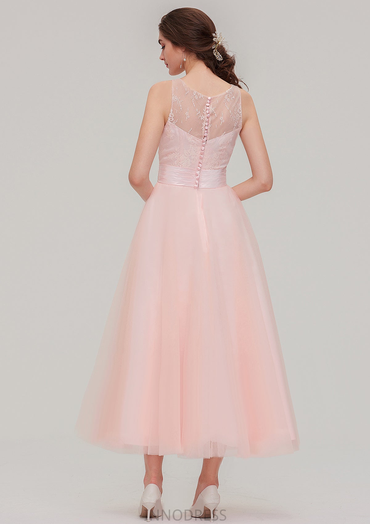 Tea-Length Sleeveless Bateau Tulle A-line/Princess Bridesmaid Dresses With Waistband Lace Emilia DPP0025429