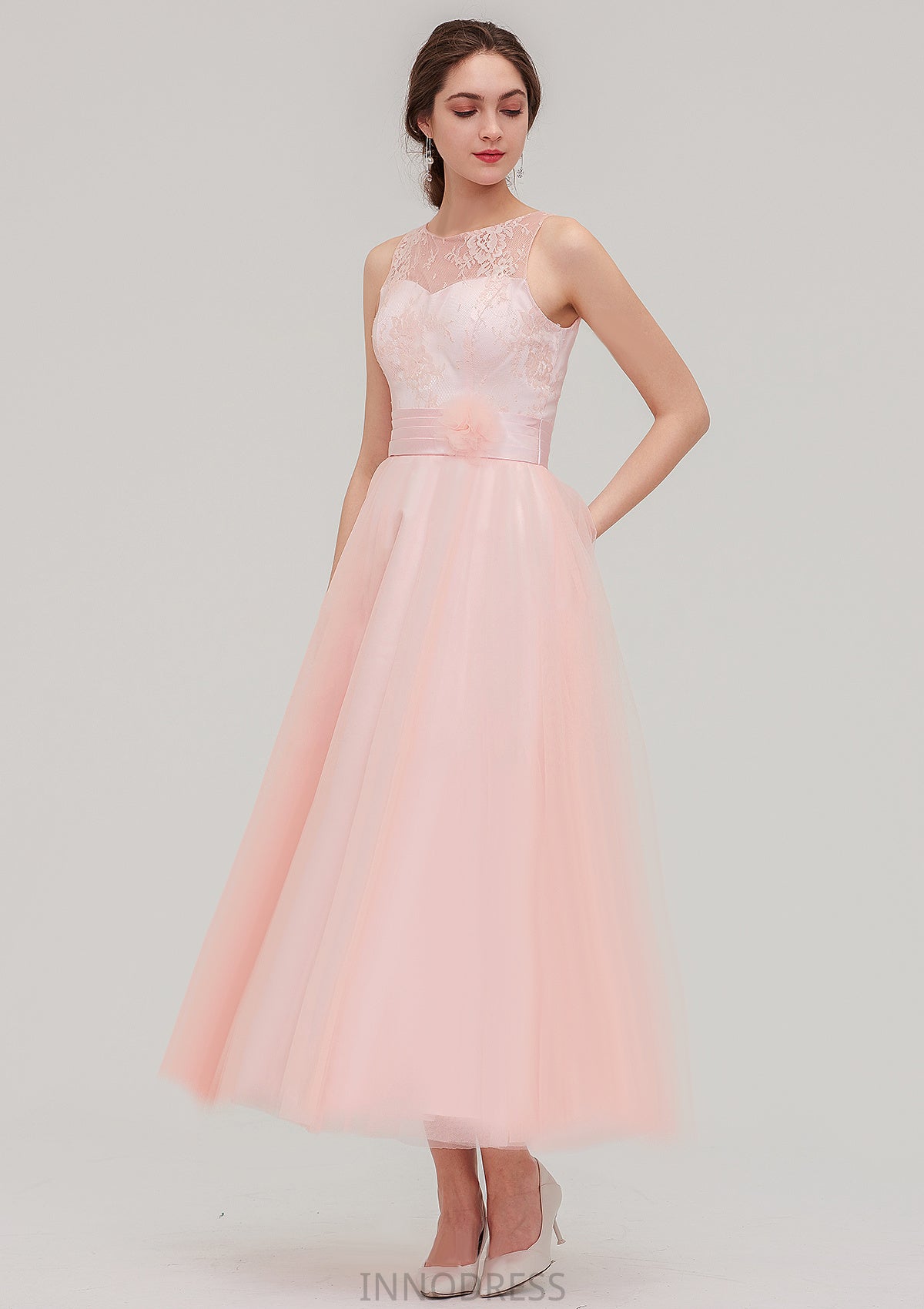 Tea-Length Sleeveless Bateau Tulle A-line/Princess Bridesmaid Dresses With Waistband Lace Emilia DPP0025429