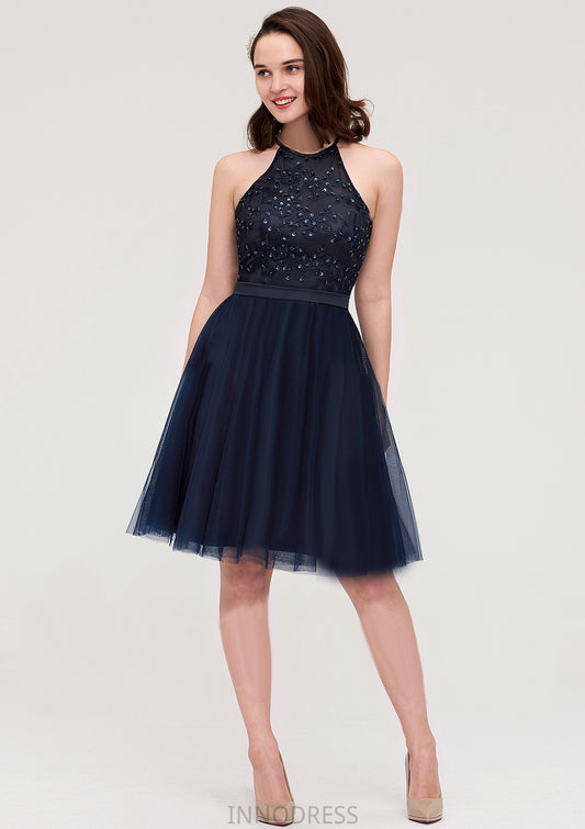 Sleeveless Halter Knee-Length Tulle A-line/Princess Bridesmaid Dresses With Sequins Appliqued Sashes London DPP0025430