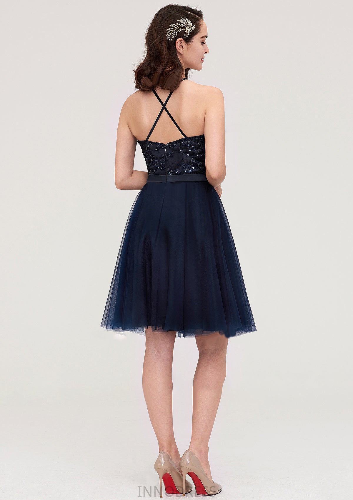 Sleeveless Halter Knee-Length Tulle A-line/Princess Bridesmaid Dresses With Sequins Appliqued Sashes London DPP0025430