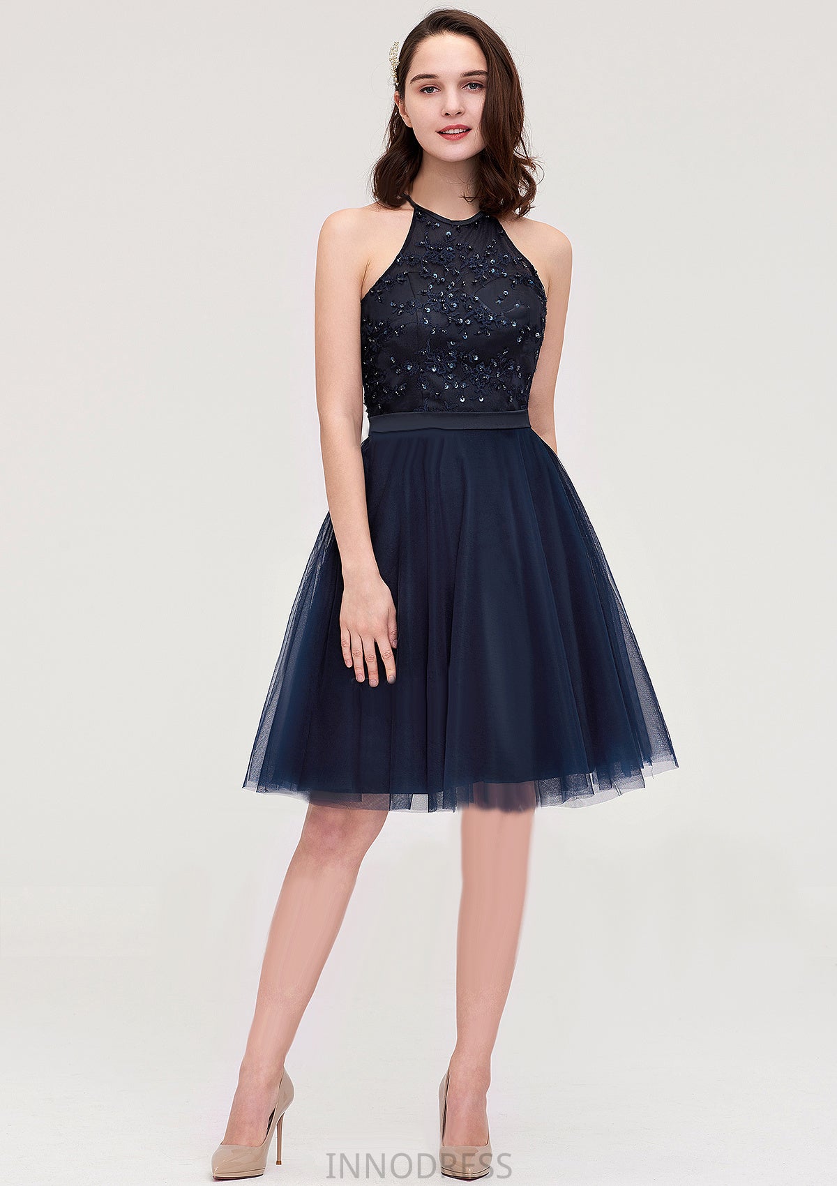 Sleeveless Halter Knee-Length Tulle A-line/Princess Bridesmaid Dresses With Sequins Appliqued Sashes London DPP0025430