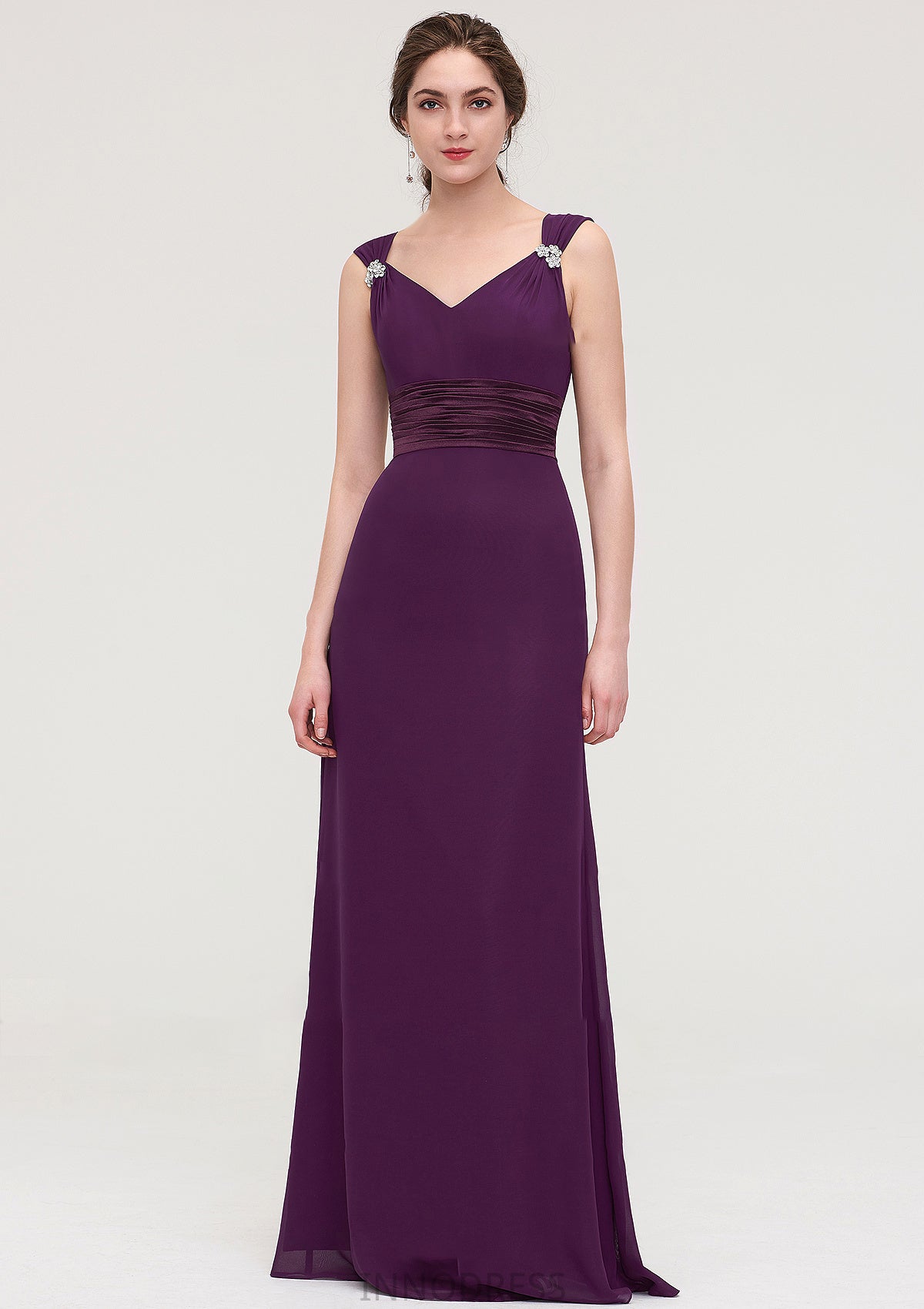 Sleeveless V Neck Long/Floor-Length Sheath/Column Chiffon Bridesmaid Dresses With Sashes Beading Pleated Iris DPP0025432