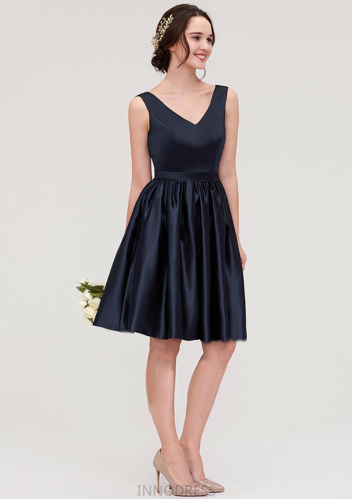 V Neck Sleeveless A-line/Princess Knee-Length Satin Bridesmaid Dresses With Pleated Alyssa DPP0025433