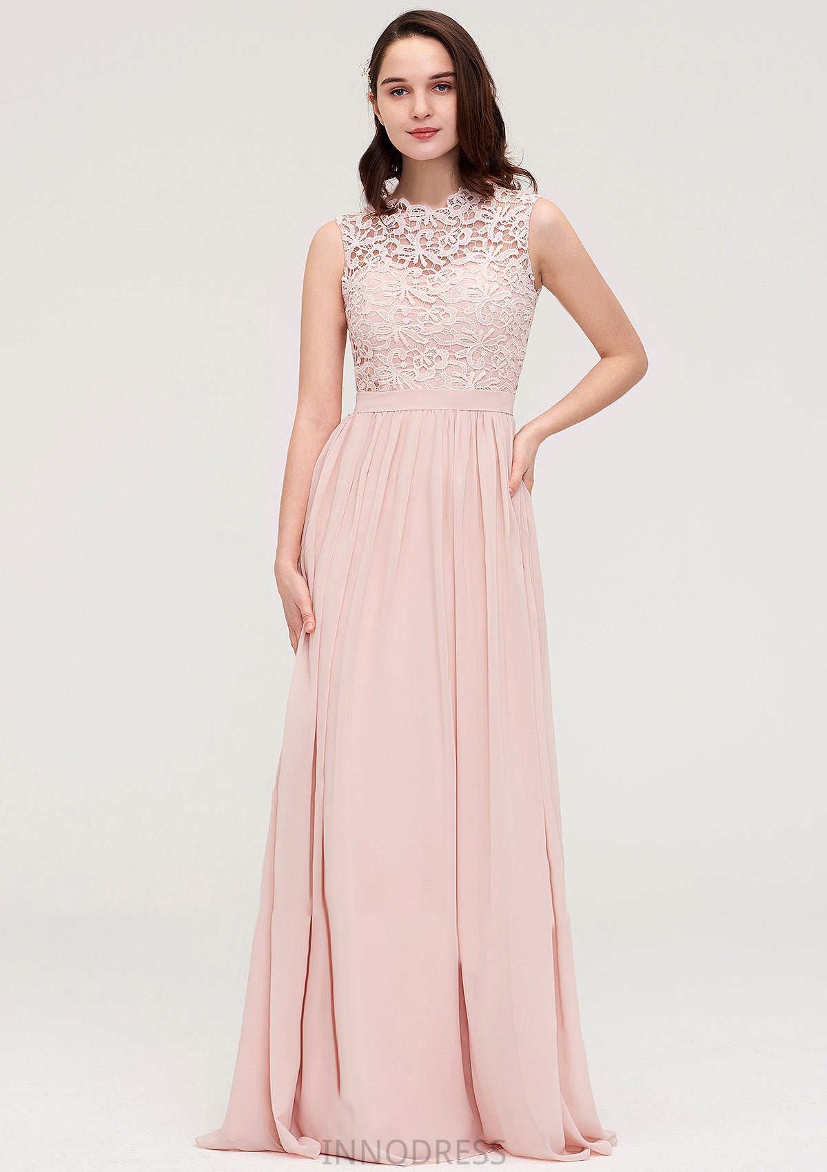 Sleeveless Scalloped Neck Long/Floor-Length Chiffon A-line/Princess Bridesmaid Dresses With Lace Michaelia DPP0025434