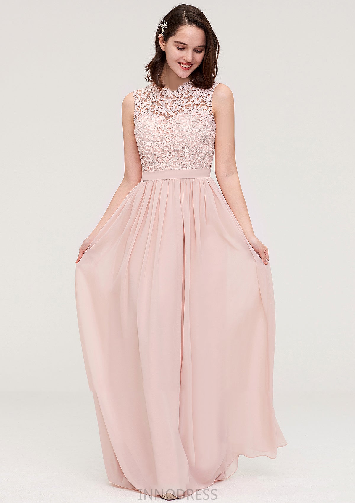 Sleeveless Scalloped Neck Long/Floor-Length Chiffon A-line/Princess Bridesmaid Dresses With Lace Michaelia DPP0025434