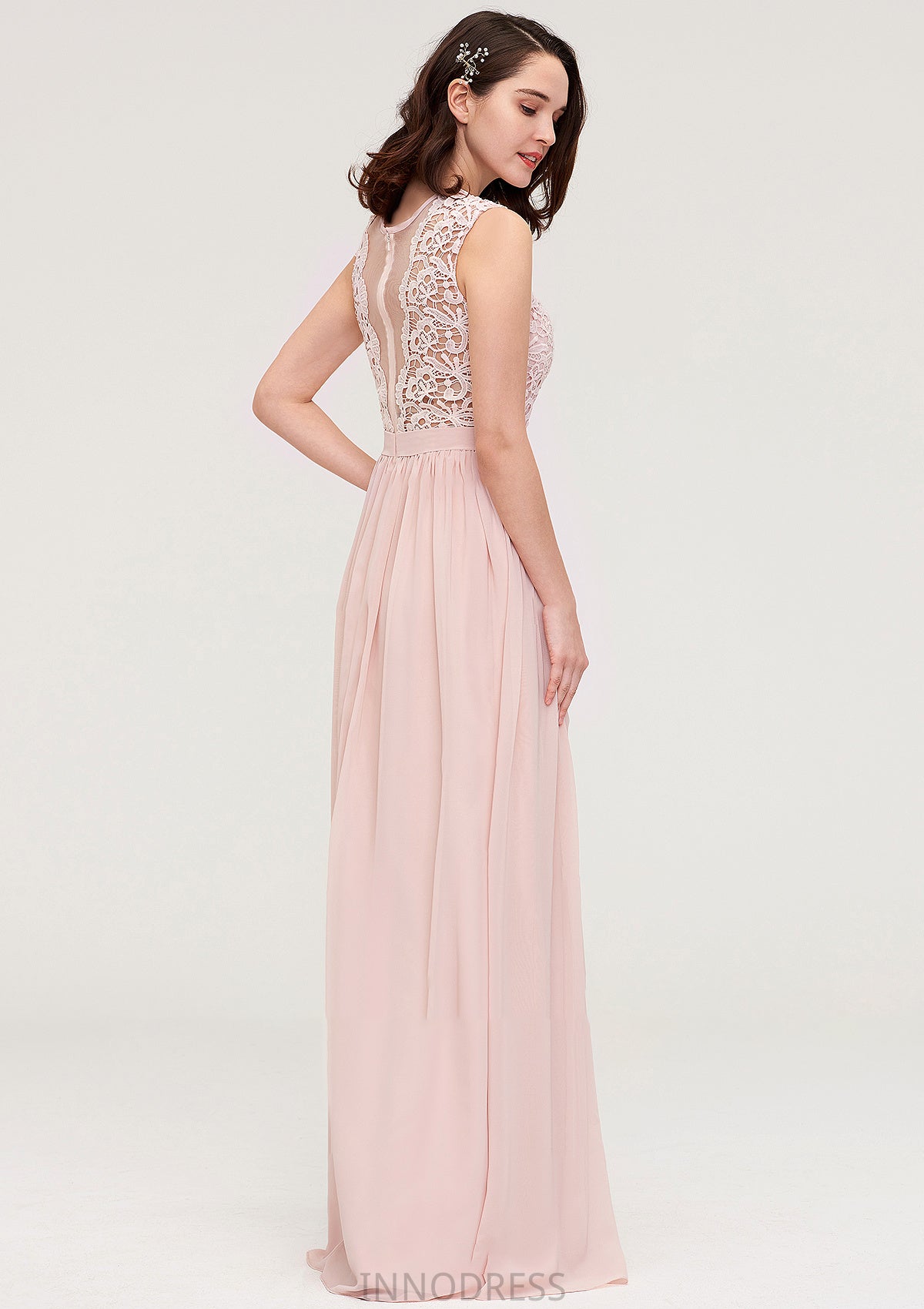 Sleeveless Scalloped Neck Long/Floor-Length Chiffon A-line/Princess Bridesmaid Dresses With Lace Michaelia DPP0025434