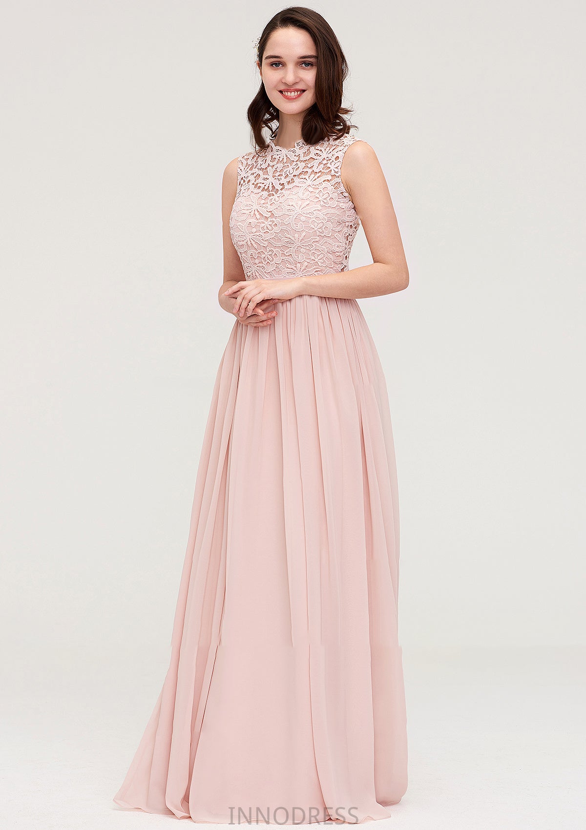 Sleeveless Scalloped Neck Long/Floor-Length Chiffon A-line/Princess Bridesmaid Dresses With Lace Michaelia DPP0025434