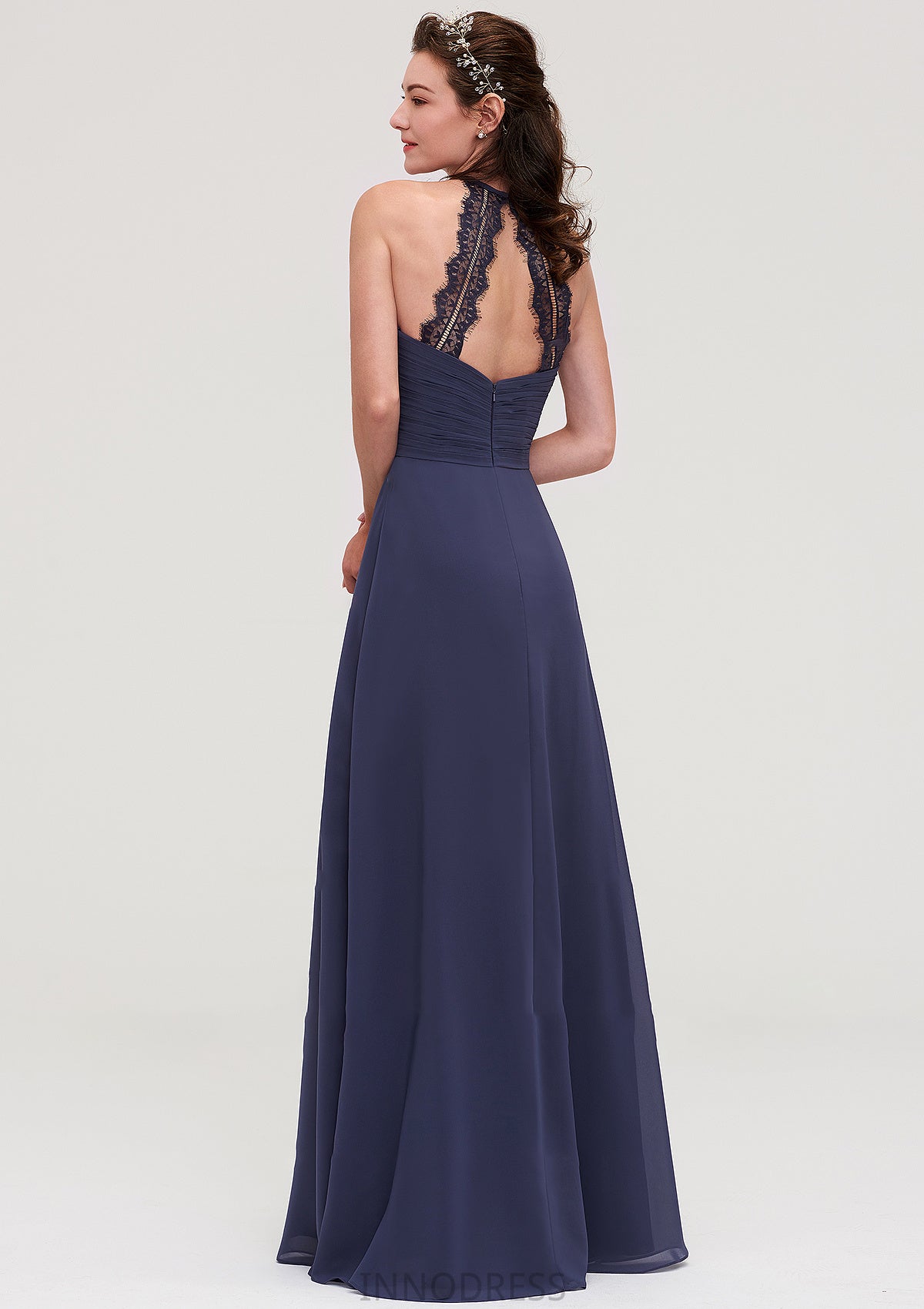 Scoop Neck Sleeveless A-line/Princess Chiffon Long/Floor-Length Bridesmaid Dresseses With Pleated Appliqued Emmy DPP0025439