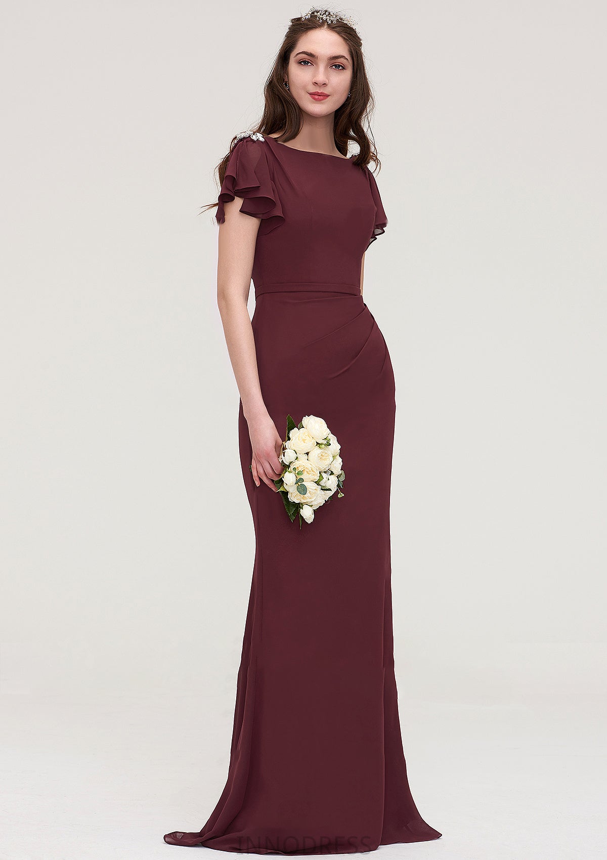 Short Sleeve Bateau Long/Floor-Length Sheath/Column Chiffon Bridesmaid Dresses With Crystal Detailing Sashes Krista DPP0025440