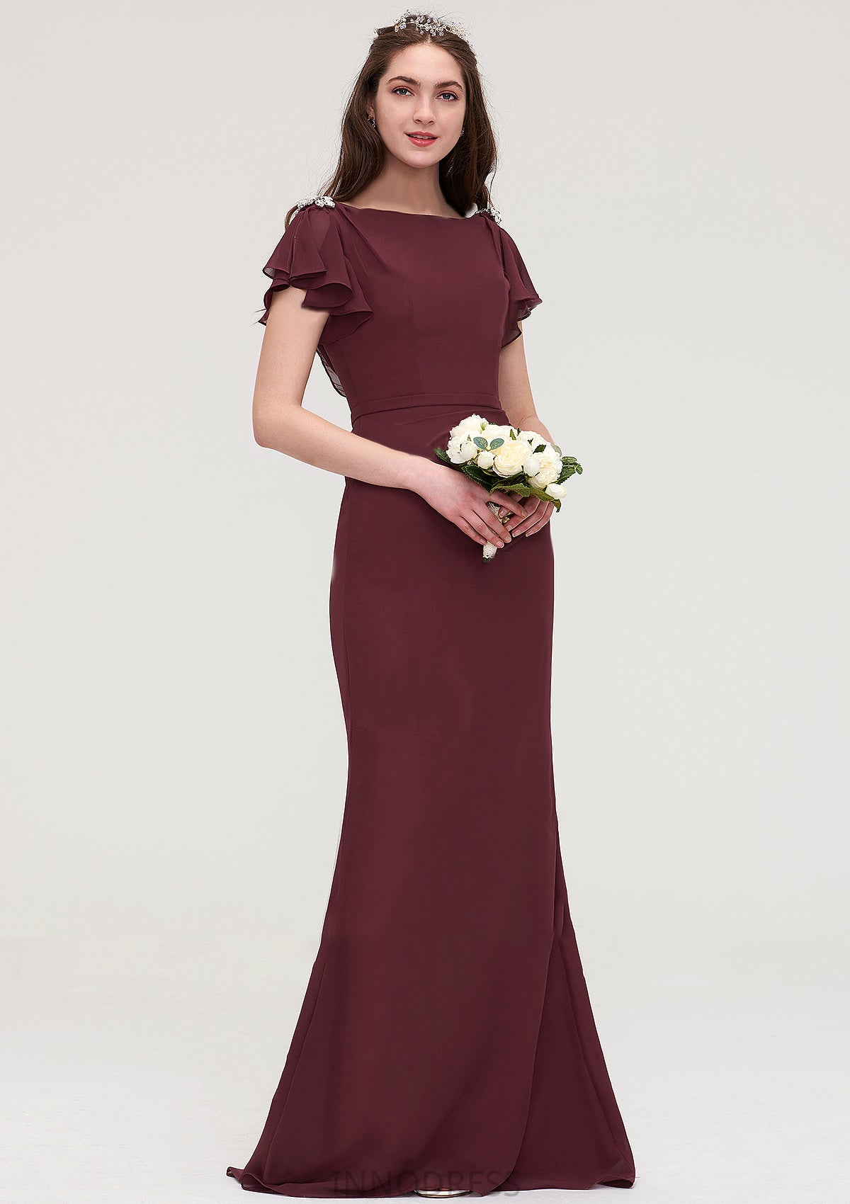 Short Sleeve Bateau Long/Floor-Length Sheath/Column Chiffon Bridesmaid Dresses With Crystal Detailing Sashes Krista DPP0025440