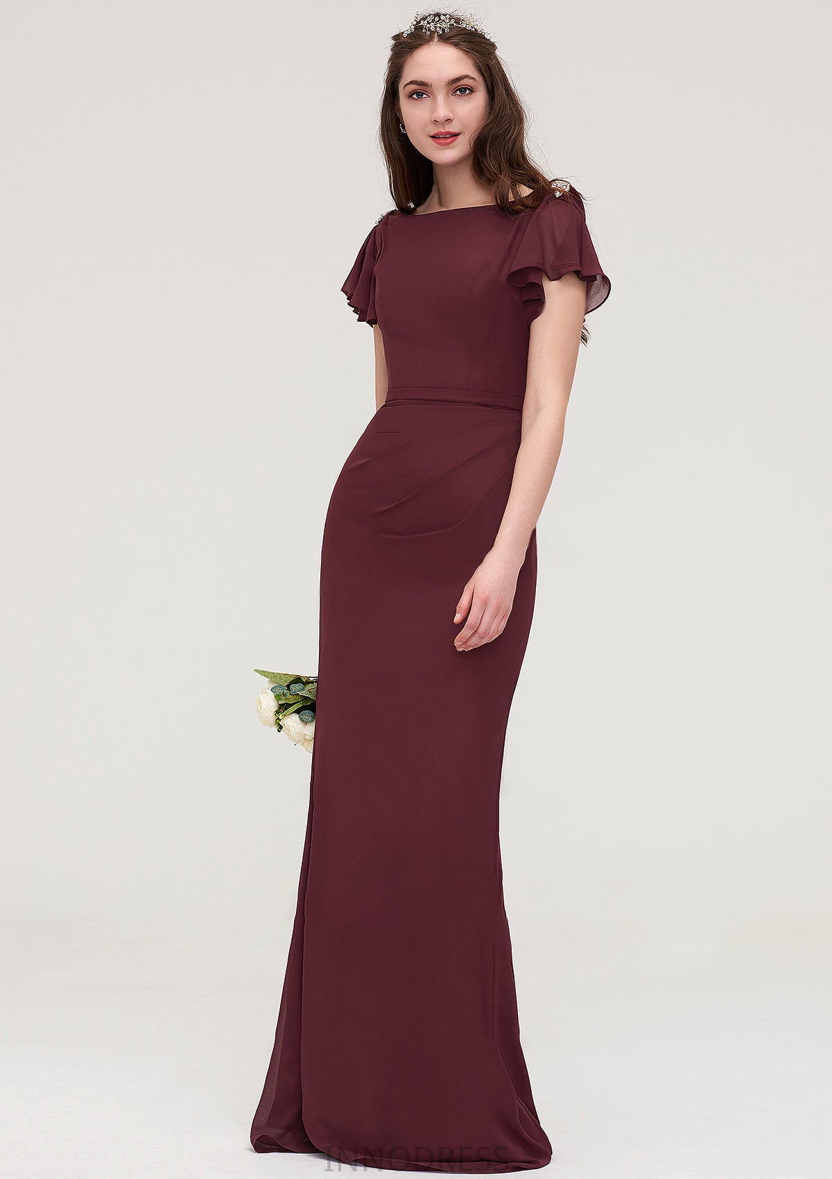 Short Sleeve Bateau Long/Floor-Length Sheath/Column Chiffon Bridesmaid Dresses With Crystal Detailing Sashes Krista DPP0025440