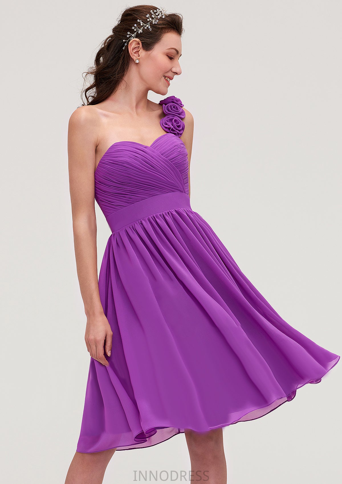 One-Shoulder Sleeveless Knee-Length Chiffon A-line/Princess Bridesmaid Dresseses With Pleated Flowers Paisley DPP0025441