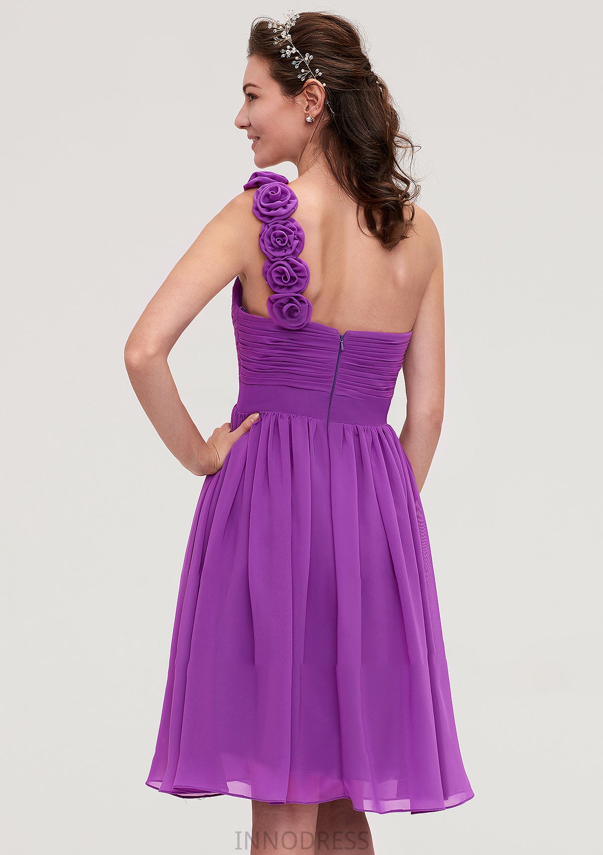 One-Shoulder Sleeveless Knee-Length Chiffon A-line/Princess Bridesmaid Dresseses With Pleated Flowers Paisley DPP0025441