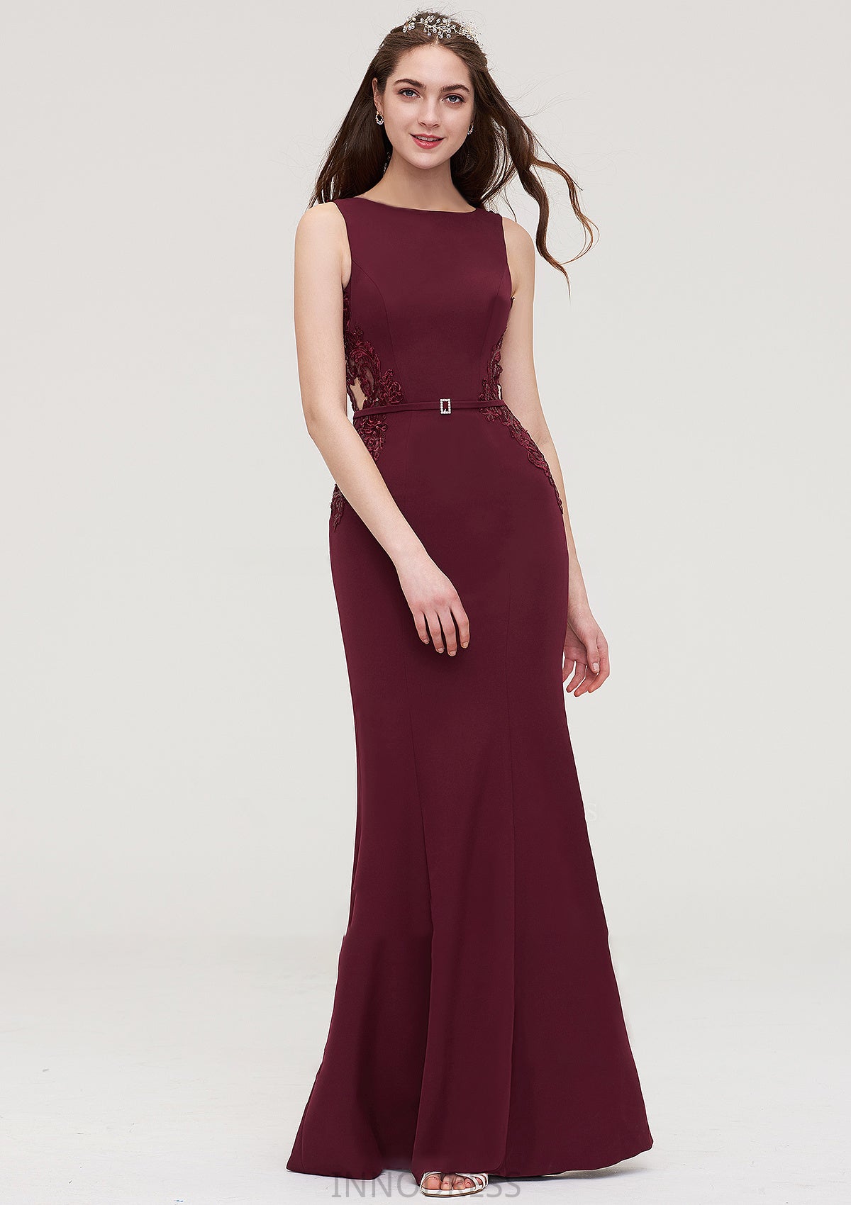 Bateau Sleeveless Sheath/Column Long/Floor-Length Elastic Satin Bridesmaid Dresses With Waistband Lace Sequins Imani DPP0025443