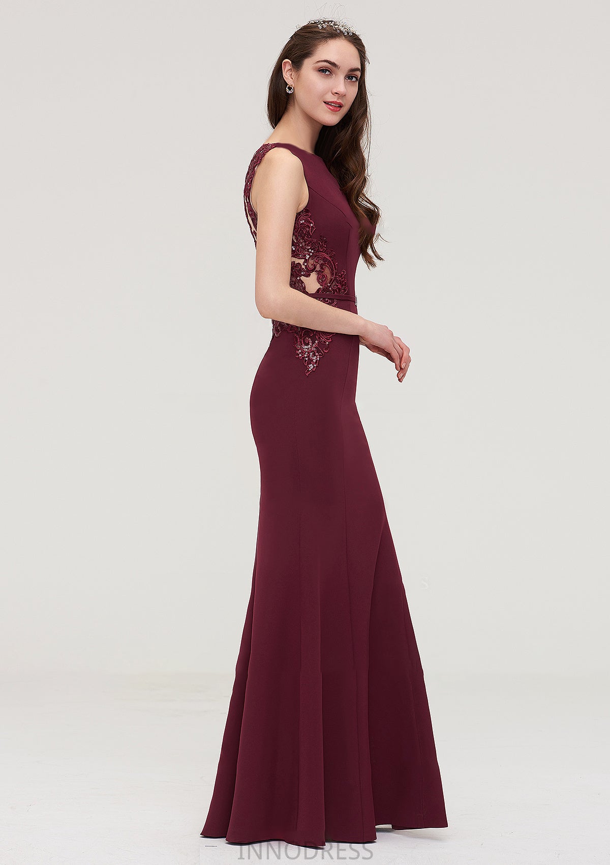 Bateau Sleeveless Sheath/Column Long/Floor-Length Elastic Satin Bridesmaid Dresses With Waistband Lace Sequins Imani DPP0025443