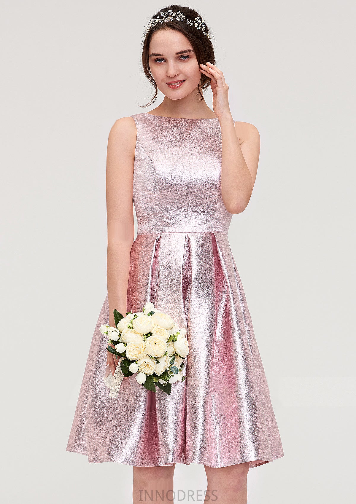 Bateau Sleeveless Taffeta Knee-Length A-line/Princess Bridesmaid Dresses With Ruffles  -   Janessa DPP0025444