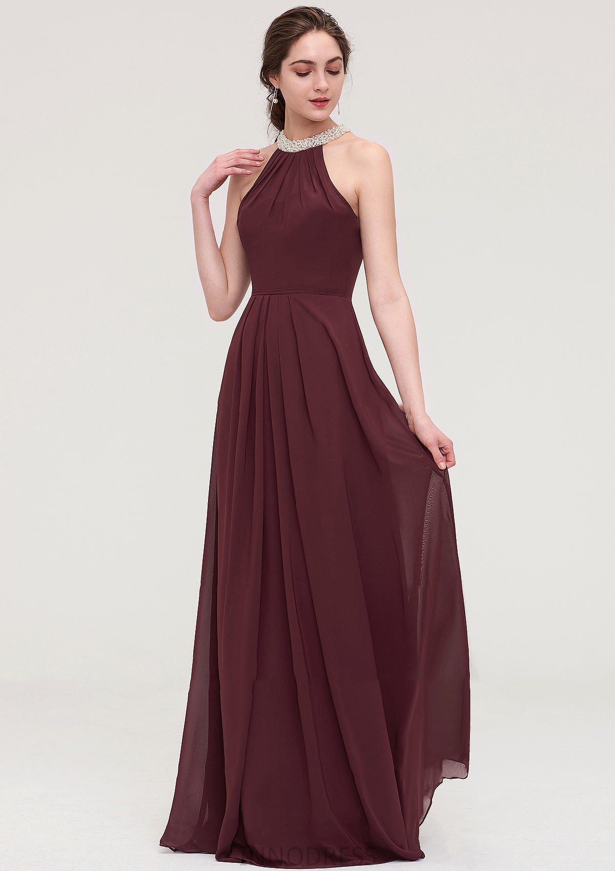 Sleeveless Halter Long/Floor-Length Chiffon A-line/Princess Bridesmaid Dresses With Beading Pleated Laurel DPP0025445