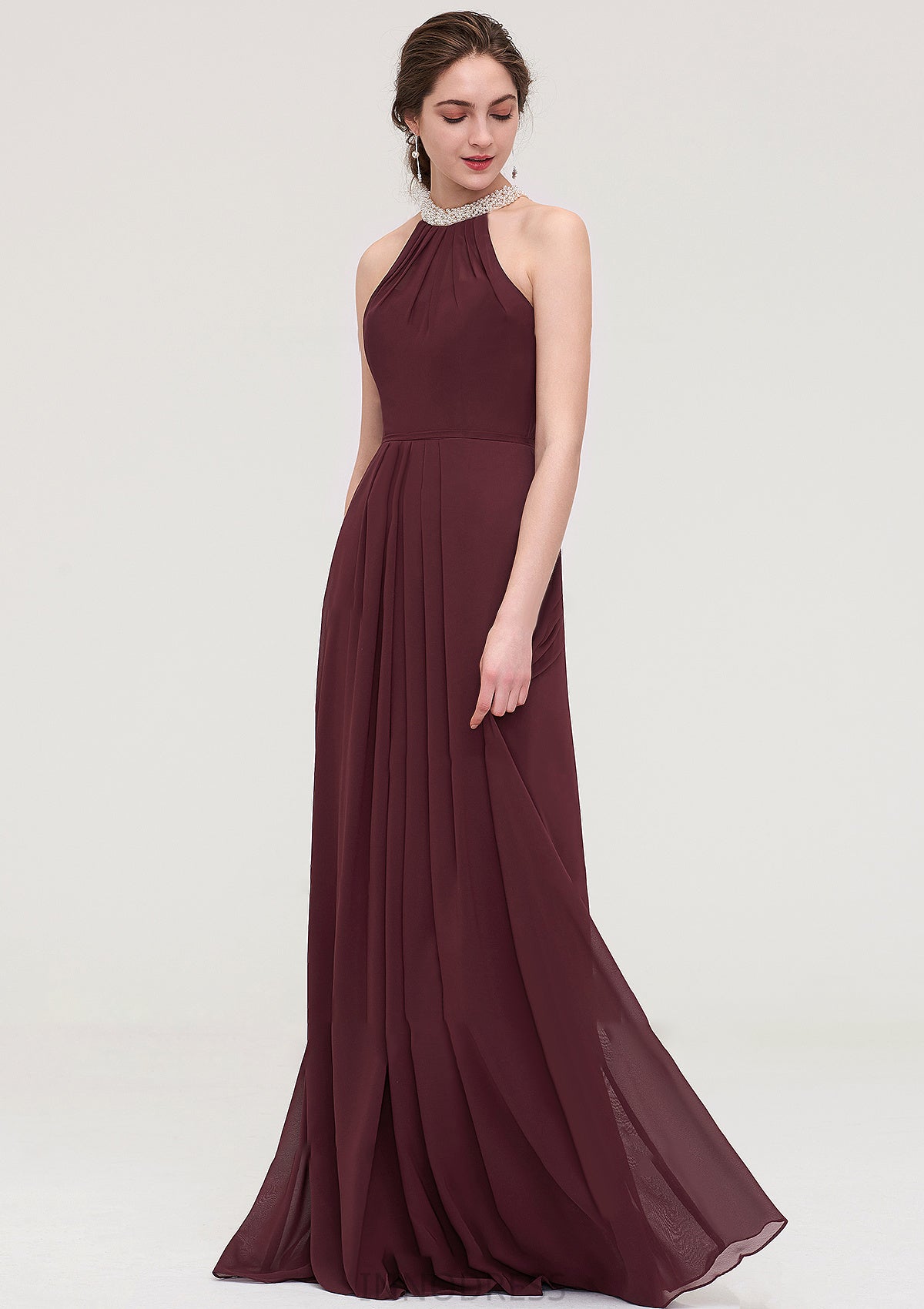 Sleeveless Halter Long/Floor-Length Chiffon A-line/Princess Bridesmaid Dresses With Beading Pleated Laurel DPP0025445