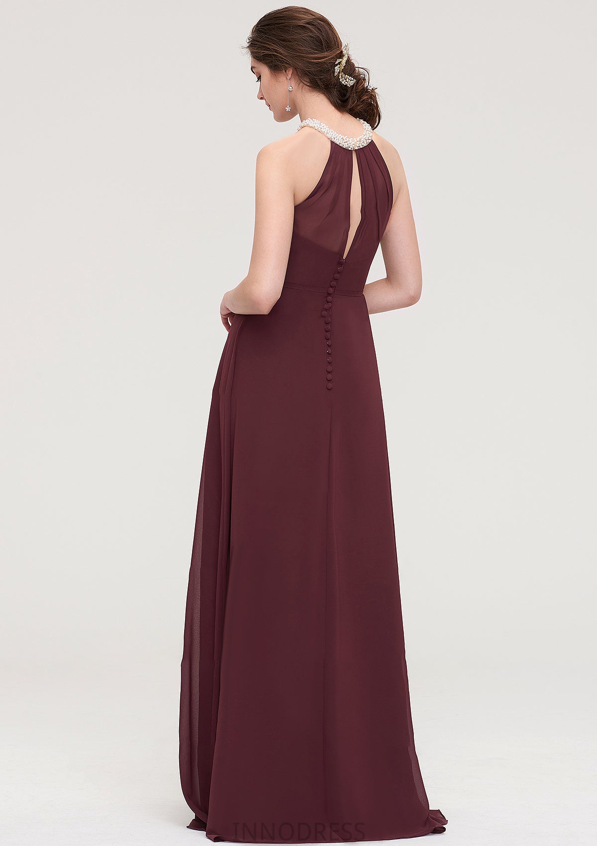 Sleeveless Halter Long/Floor-Length Chiffon A-line/Princess Bridesmaid Dresses With Beading Pleated Laurel DPP0025445