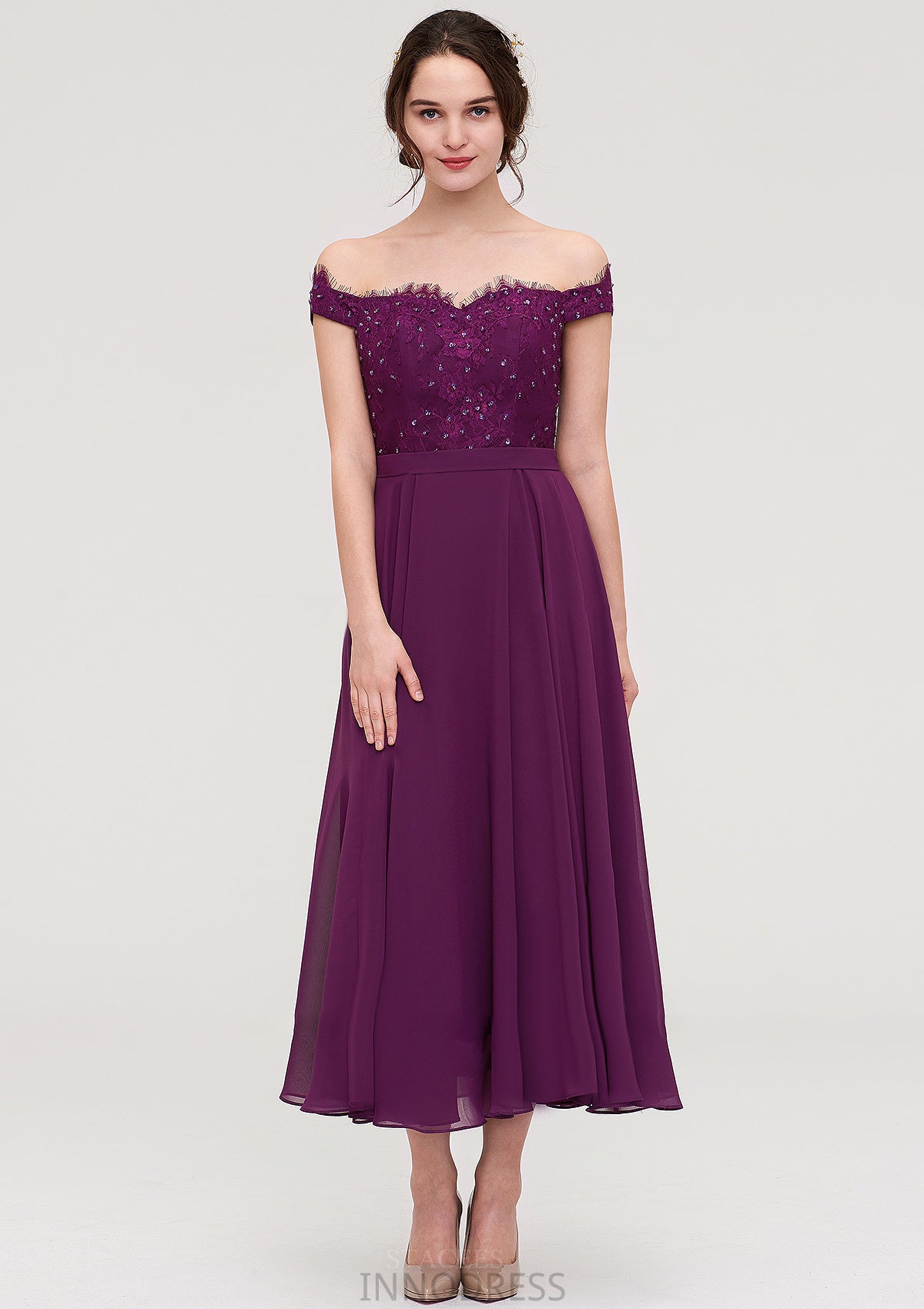 Off-the-Shoulder Sleeveless Tea-Length Chiffon A-line/Princess Bridesmaid Dresses With Lace Beading Kaydence DPP0025446