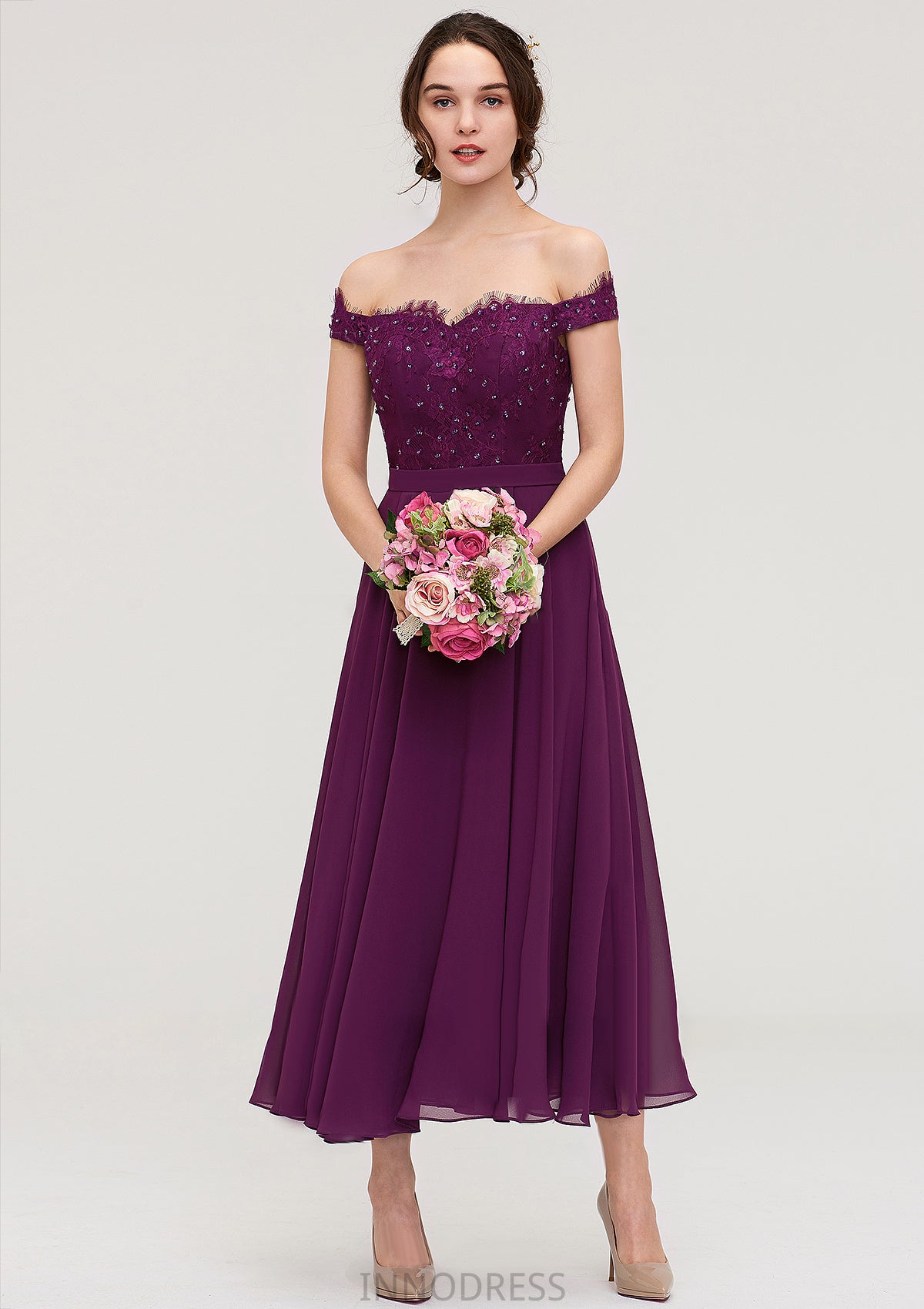 Off-the-Shoulder Sleeveless Tea-Length Chiffon A-line/Princess Bridesmaid Dresses With Lace Beading Kaydence DPP0025446