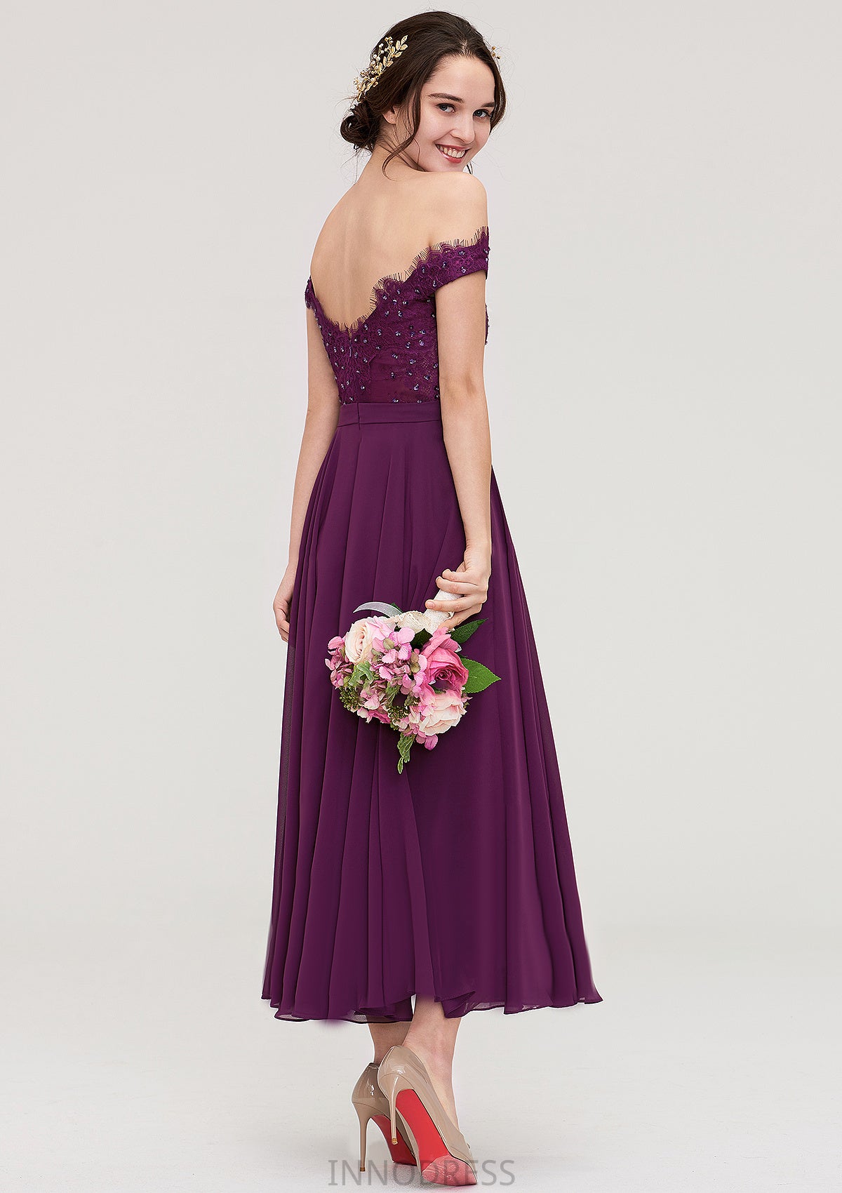 Off-the-Shoulder Sleeveless Tea-Length Chiffon A-line/Princess Bridesmaid Dresses With Lace Beading Kaydence DPP0025446