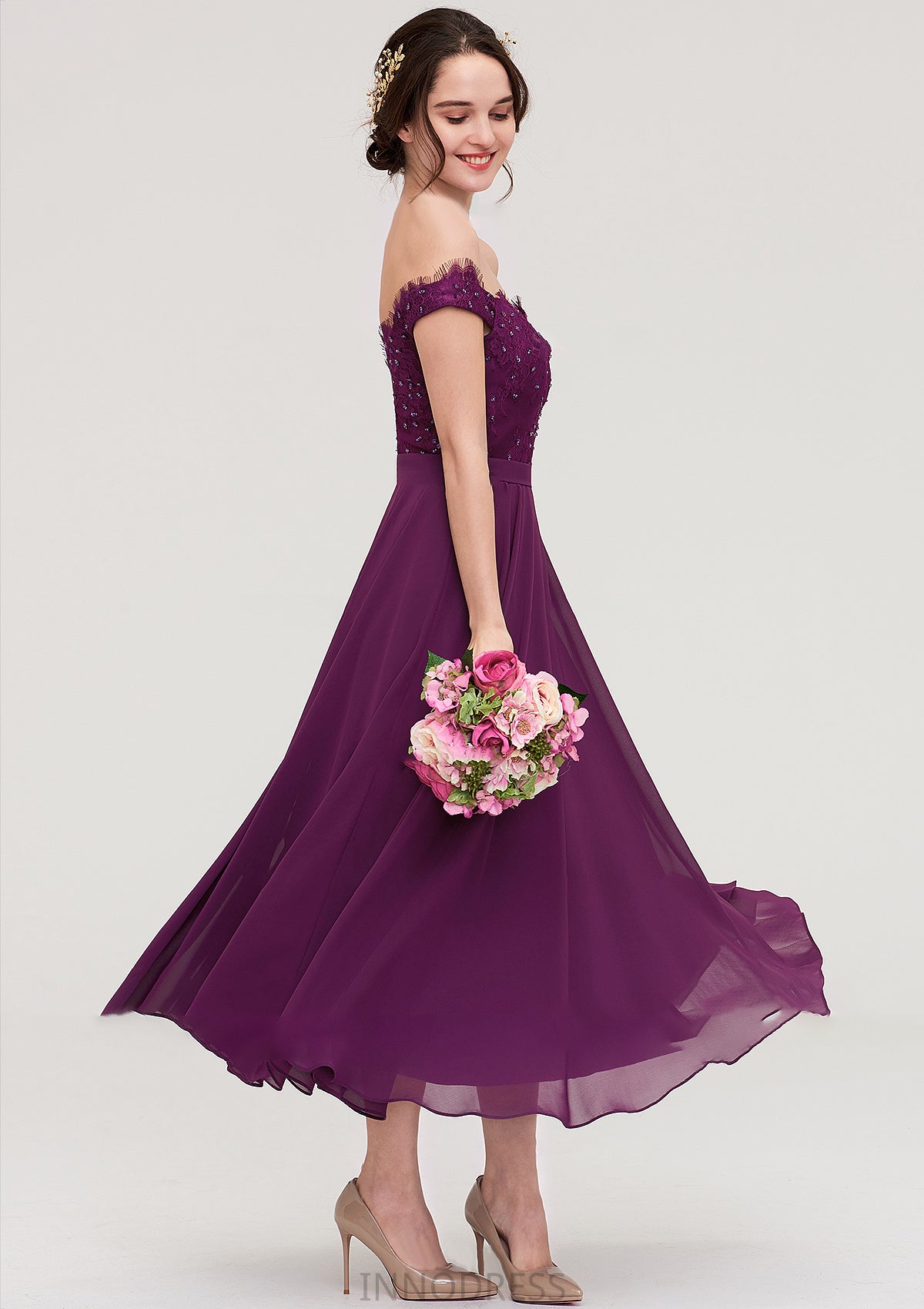 Off-the-Shoulder Sleeveless Tea-Length Chiffon A-line/Princess Bridesmaid Dresses With Lace Beading Kaydence DPP0025446