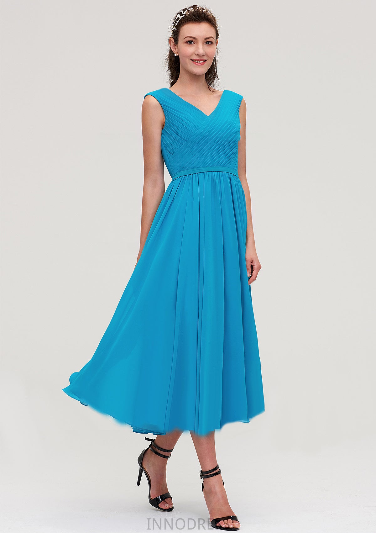 Sleeveless V Neck Tea-Length Chiffon A-line/Princess Bridesmaid Dresseses With Pleated Haley DPP0025448