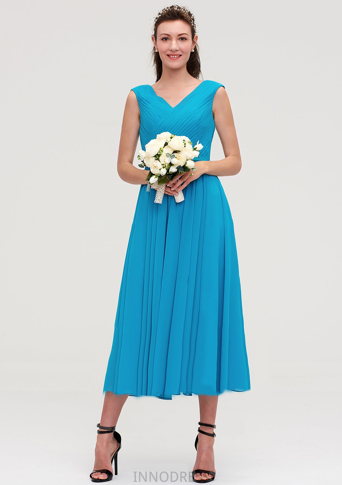 Sleeveless V Neck Tea-Length Chiffon A-line/Princess Bridesmaid Dresseses With Pleated Haley DPP0025448