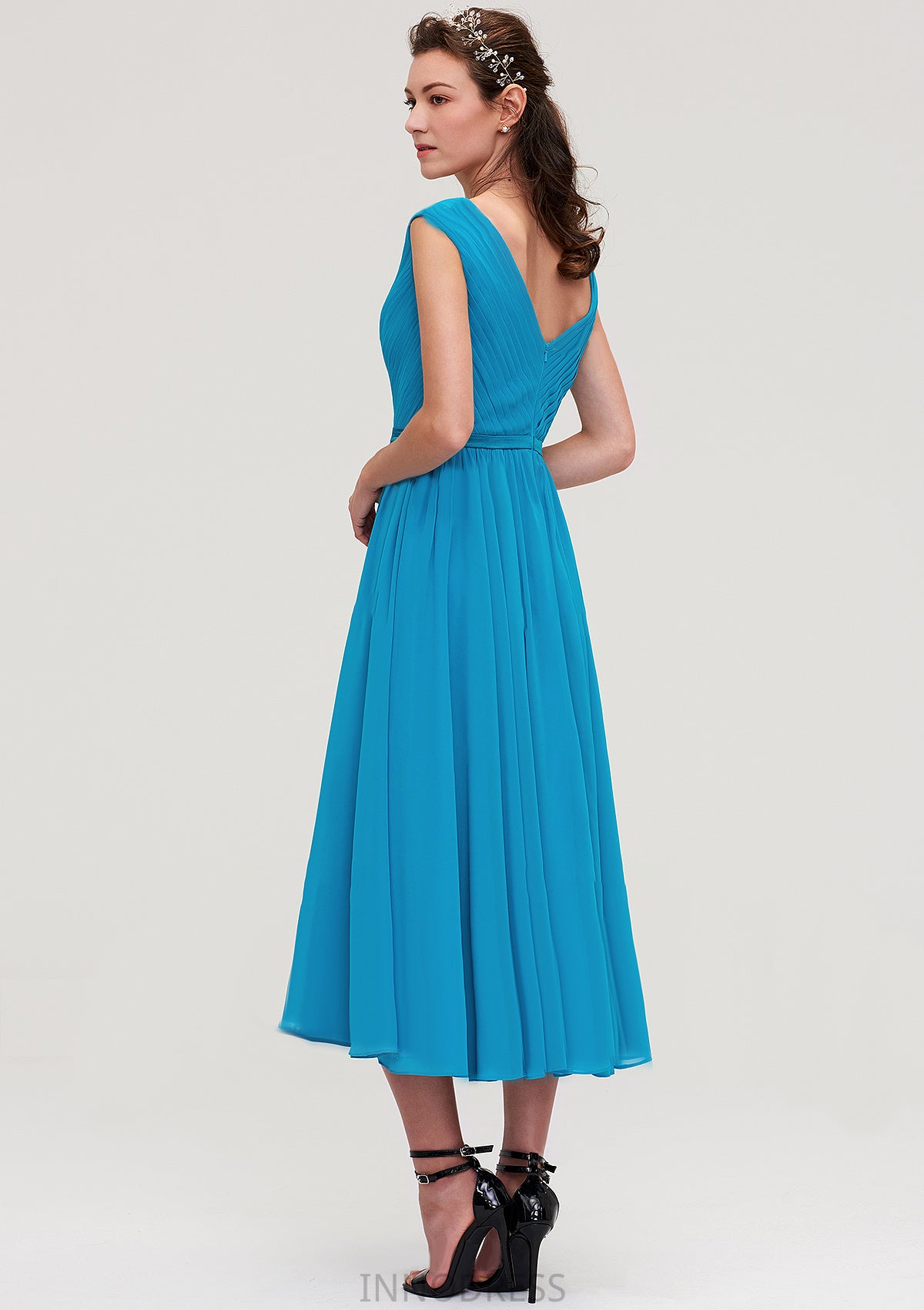 Sleeveless V Neck Tea-Length Chiffon A-line/Princess Bridesmaid Dresseses With Pleated Haley DPP0025448