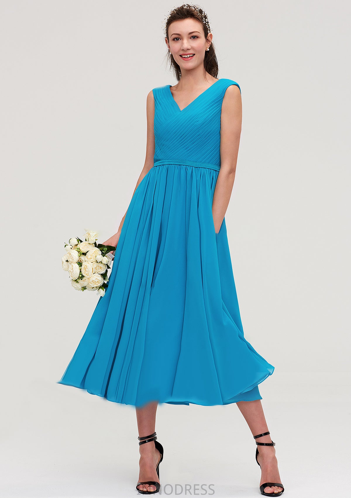 Sleeveless V Neck Tea-Length Chiffon A-line/Princess Bridesmaid Dresseses With Pleated Haley DPP0025448