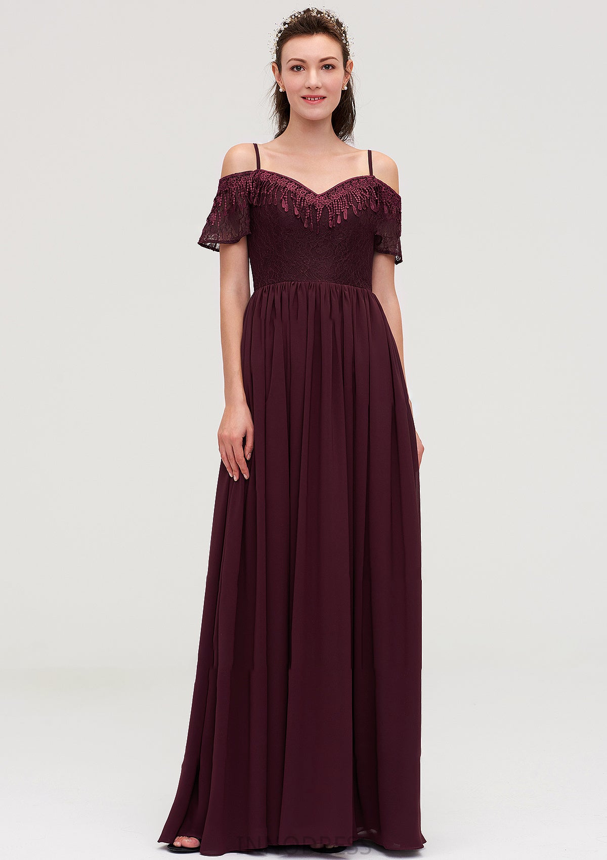 Off-the-Shoulder Sleeveless Chiffon A-line/Princess Long/Floor-Length Bridesmaid Dresseses With Lace Liliana DPP0025449