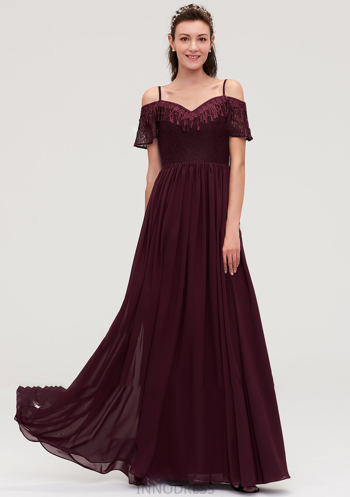 Off-the-Shoulder Sleeveless Chiffon A-line/Princess Long/Floor-Length Bridesmaid Dresseses With Lace Liliana DPP0025449