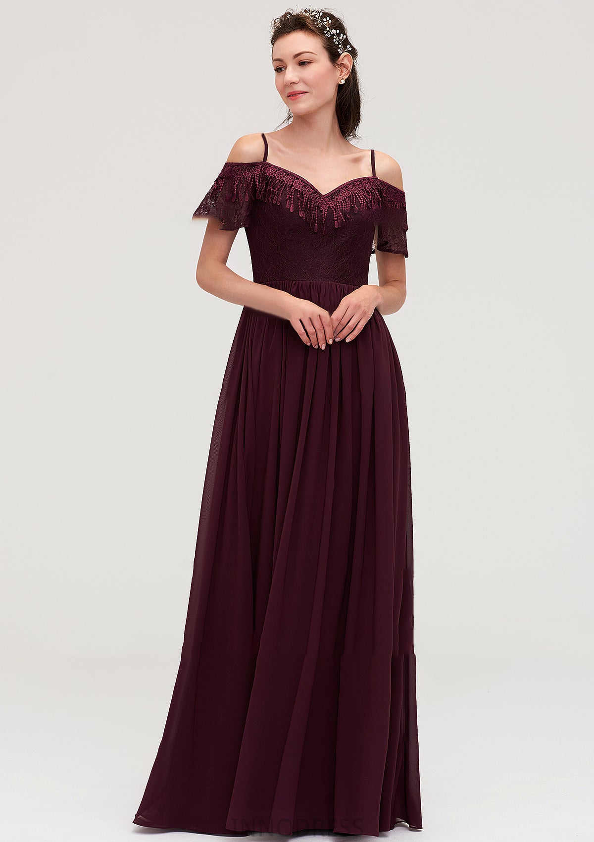 Off-the-Shoulder Sleeveless Chiffon A-line/Princess Long/Floor-Length Bridesmaid Dresseses With Lace Liliana DPP0025449