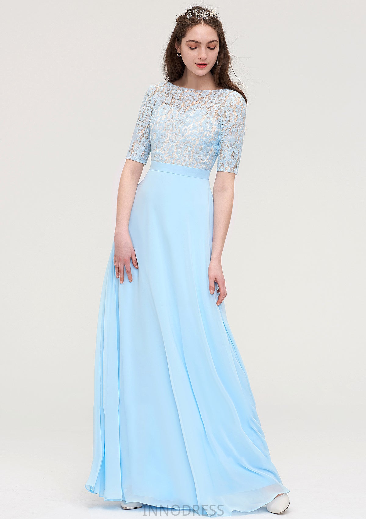 Half Sleeve Long/Floor-Length Bateau Chiffon A-line/Princess Bridesmaid Dresses With Lace Louisa DPP0025450