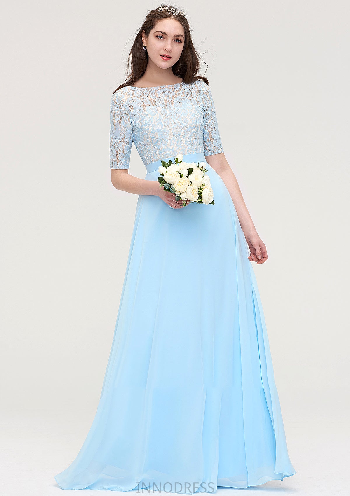 Half Sleeve Long/Floor-Length Bateau Chiffon A-line/Princess Bridesmaid Dresses With Lace Louisa DPP0025450