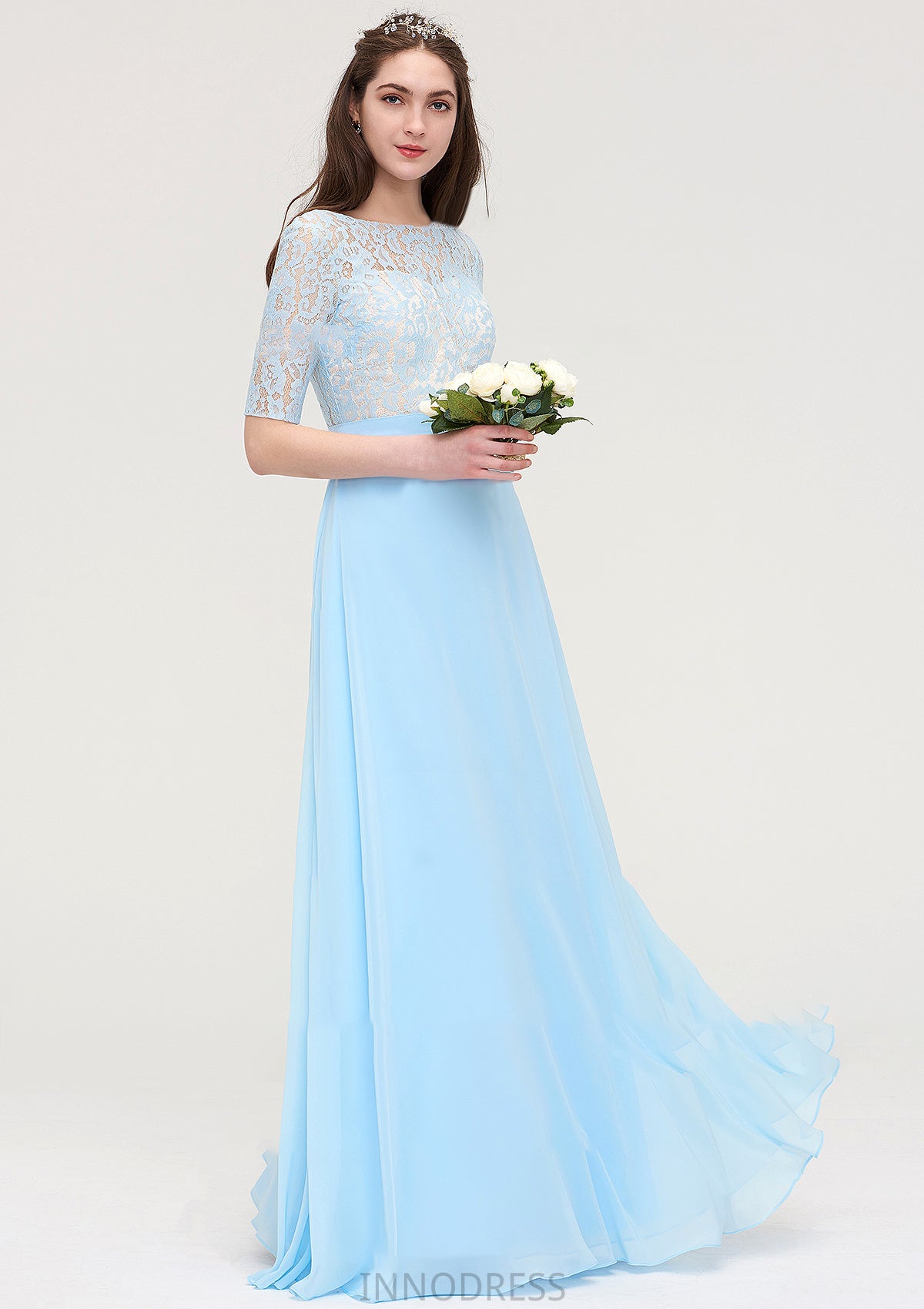 Half Sleeve Long/Floor-Length Bateau Chiffon A-line/Princess Bridesmaid Dresses With Lace Louisa DPP0025450