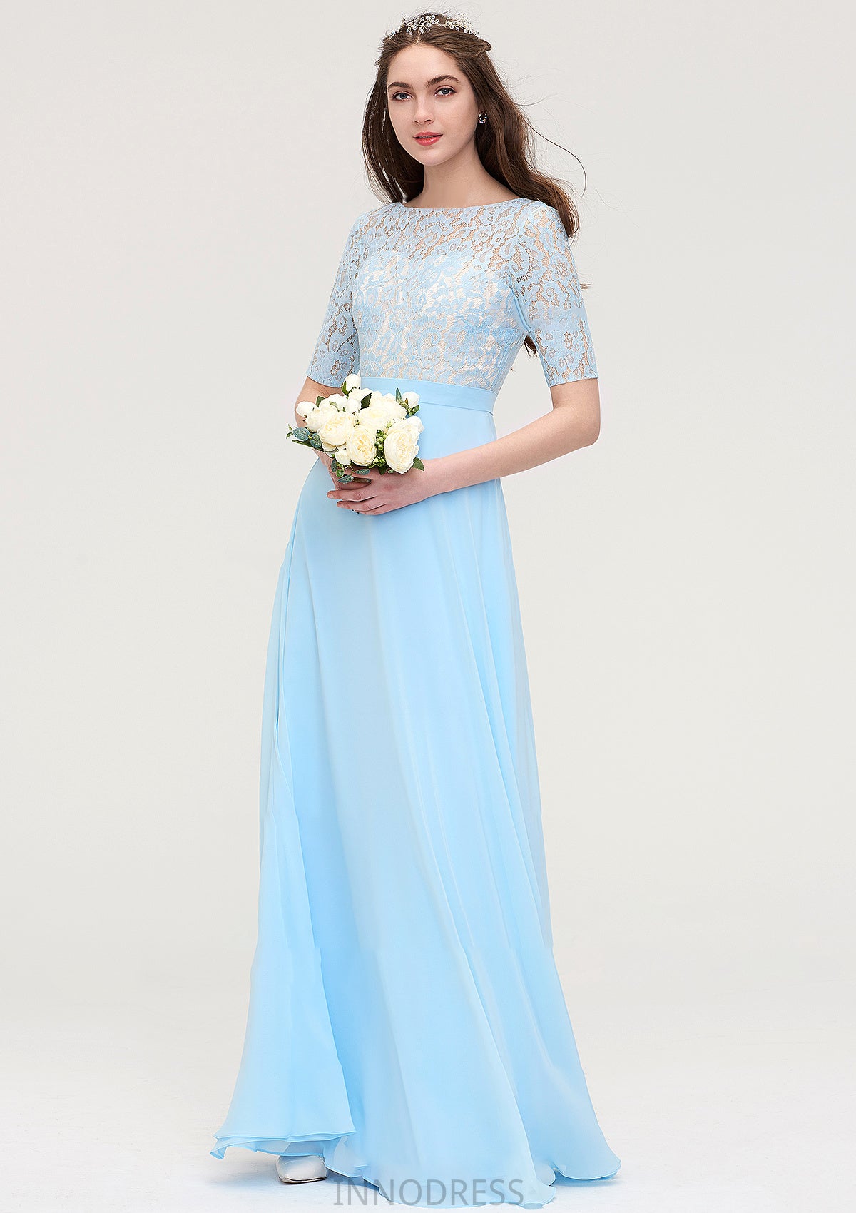 Half Sleeve Long/Floor-Length Bateau Chiffon A-line/Princess Bridesmaid Dresses With Lace Louisa DPP0025450