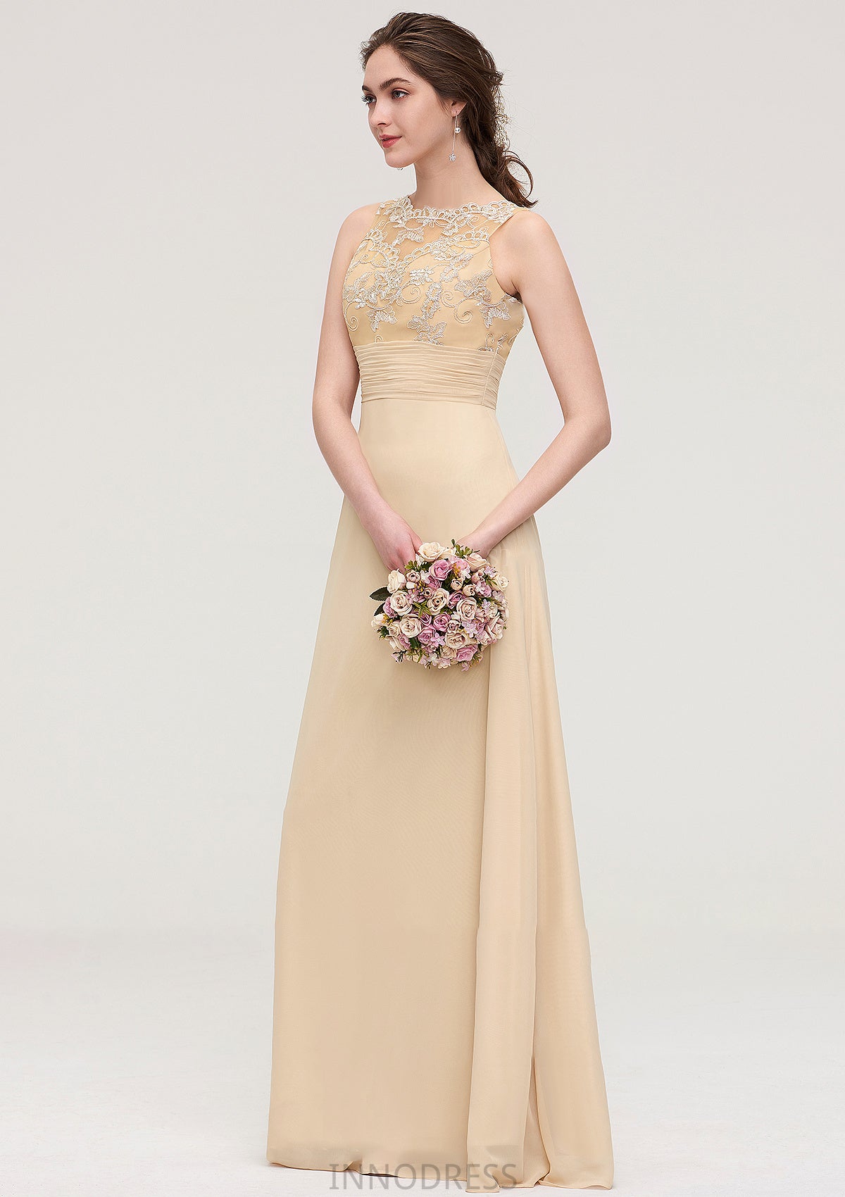 Sleeveless Halter Open Back Long/Floor-Length Sheath/Column Chiffon Bridesmaid Dresses With Pleated Lace Mylie DPP0025451