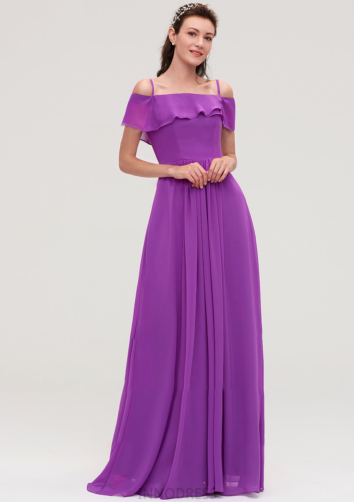 Sleeveless Off-the-Shoulder Chiffon A-line/Princess Long/Floor-Length Bridesmaid Dresseses With Ruffles Sherlyn DPP0025452