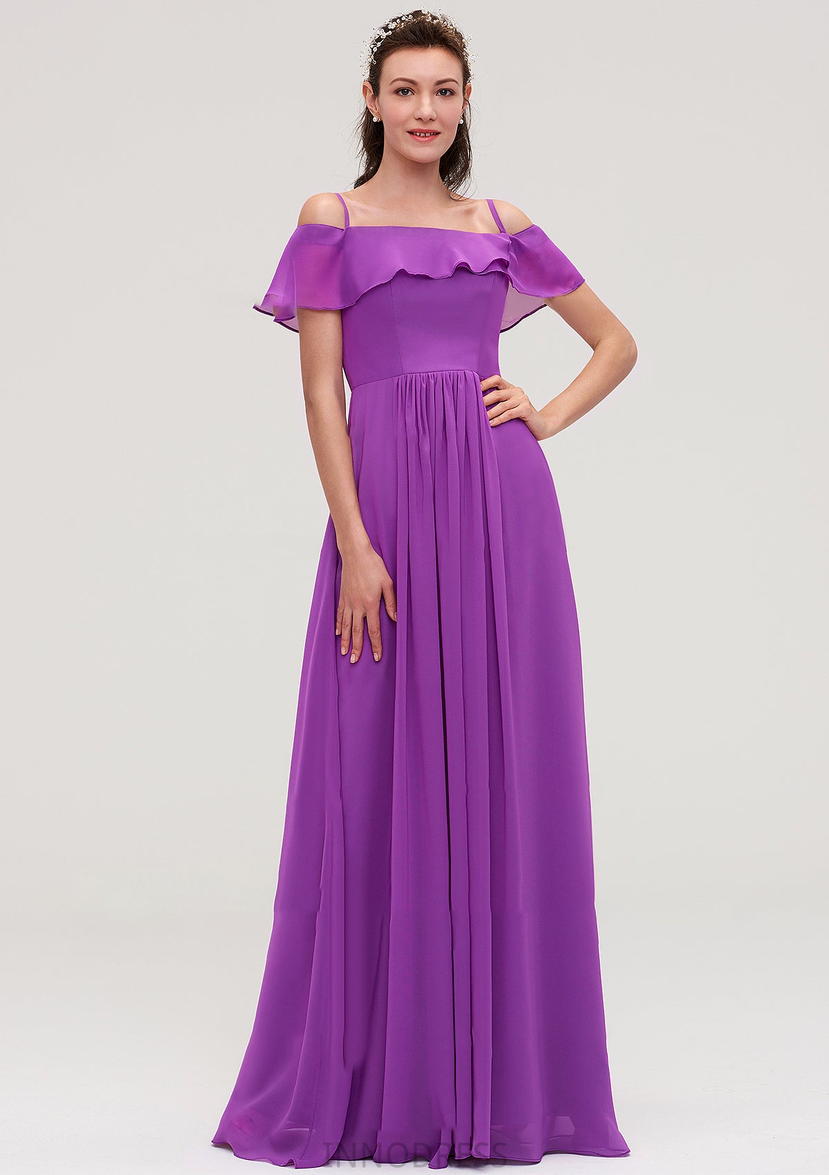 Sleeveless Off-the-Shoulder Chiffon A-line/Princess Long/Floor-Length Bridesmaid Dresseses With Ruffles Sherlyn DPP0025452