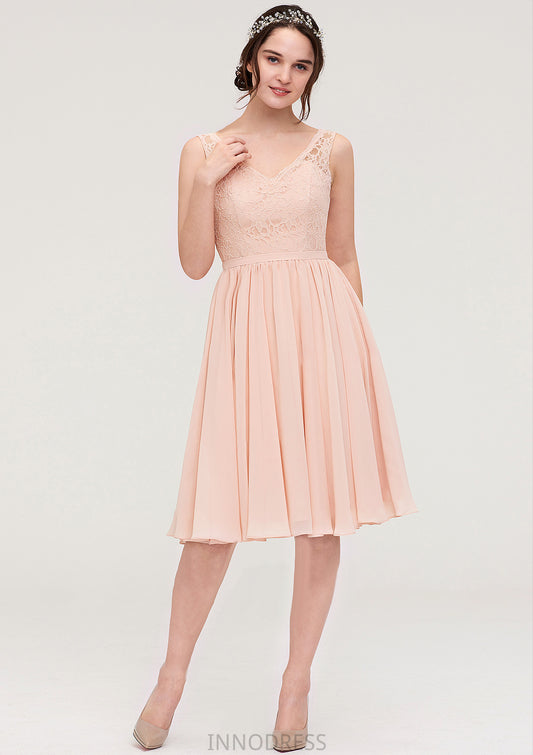 Sleeveless V Neck A-line/Princess Chiffon Knee-Length Bridesmaid Dresses With Lace Bria DPP0025453