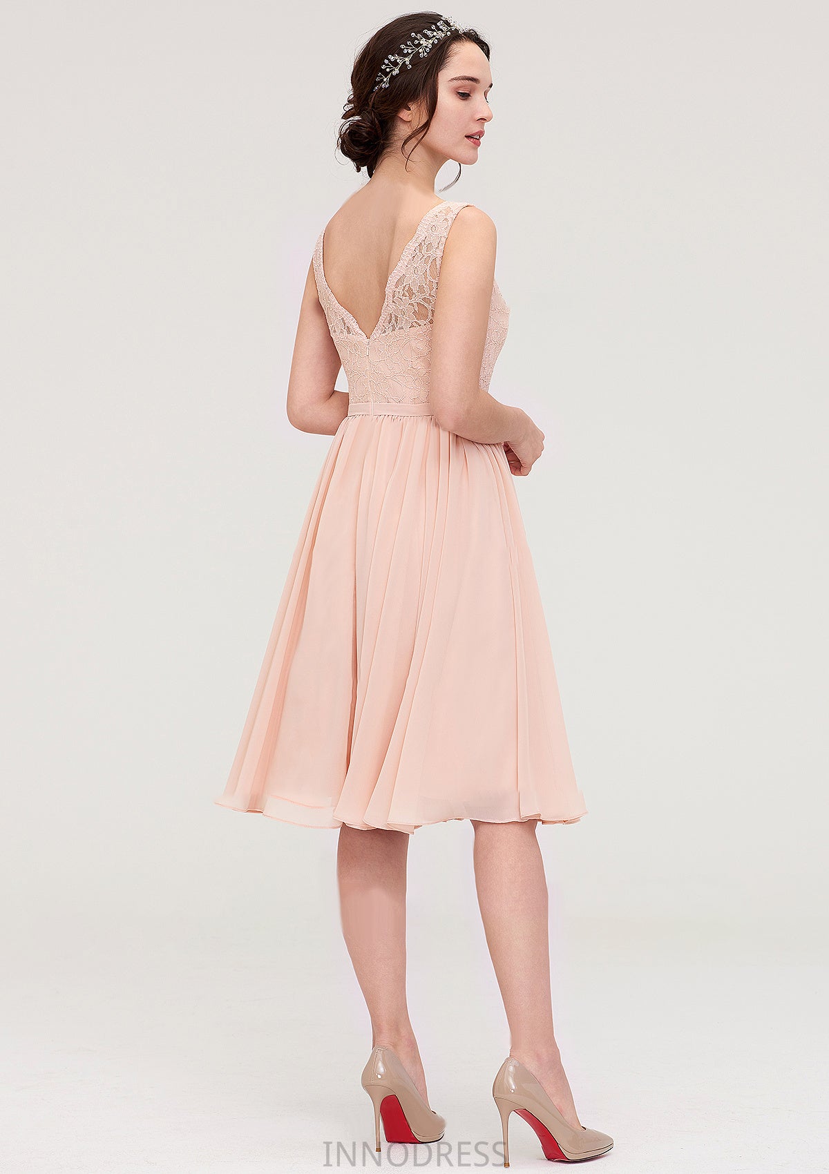 Sleeveless V Neck A-line/Princess Chiffon Knee-Length Bridesmaid Dresses With Lace Bria DPP0025453