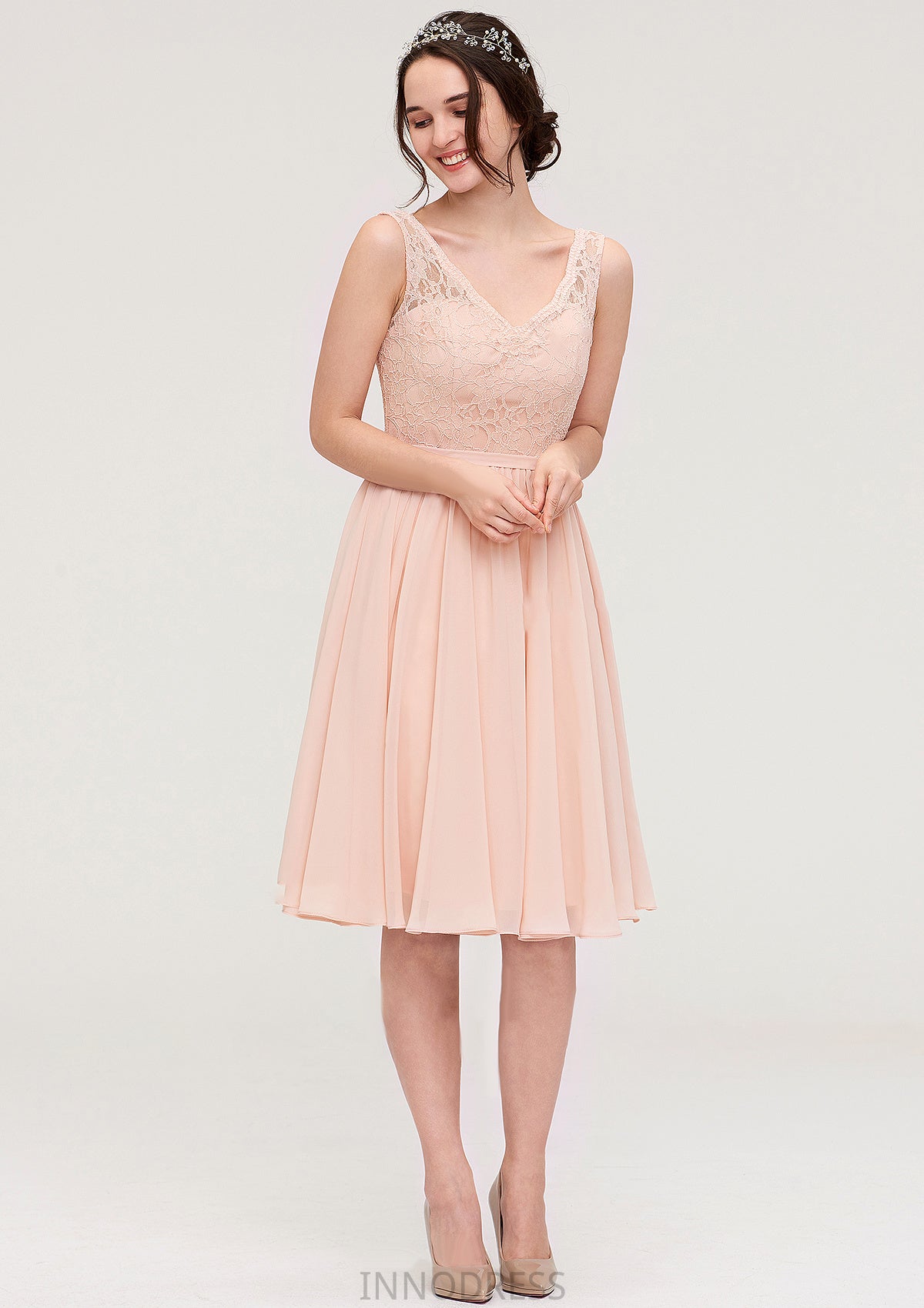 Sleeveless V Neck A-line/Princess Chiffon Knee-Length Bridesmaid Dresses With Lace Bria DPP0025453