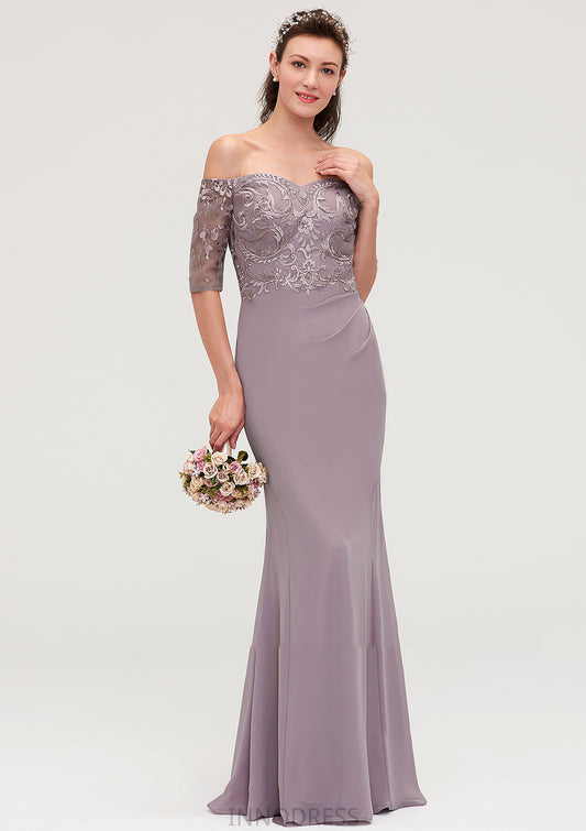 Off-the-Shoulder Half Sleeve Sheath/Column Long/Floor-Length Chiffon Bridesmaid Dresseses With Appliqued Hadley DPP0025458