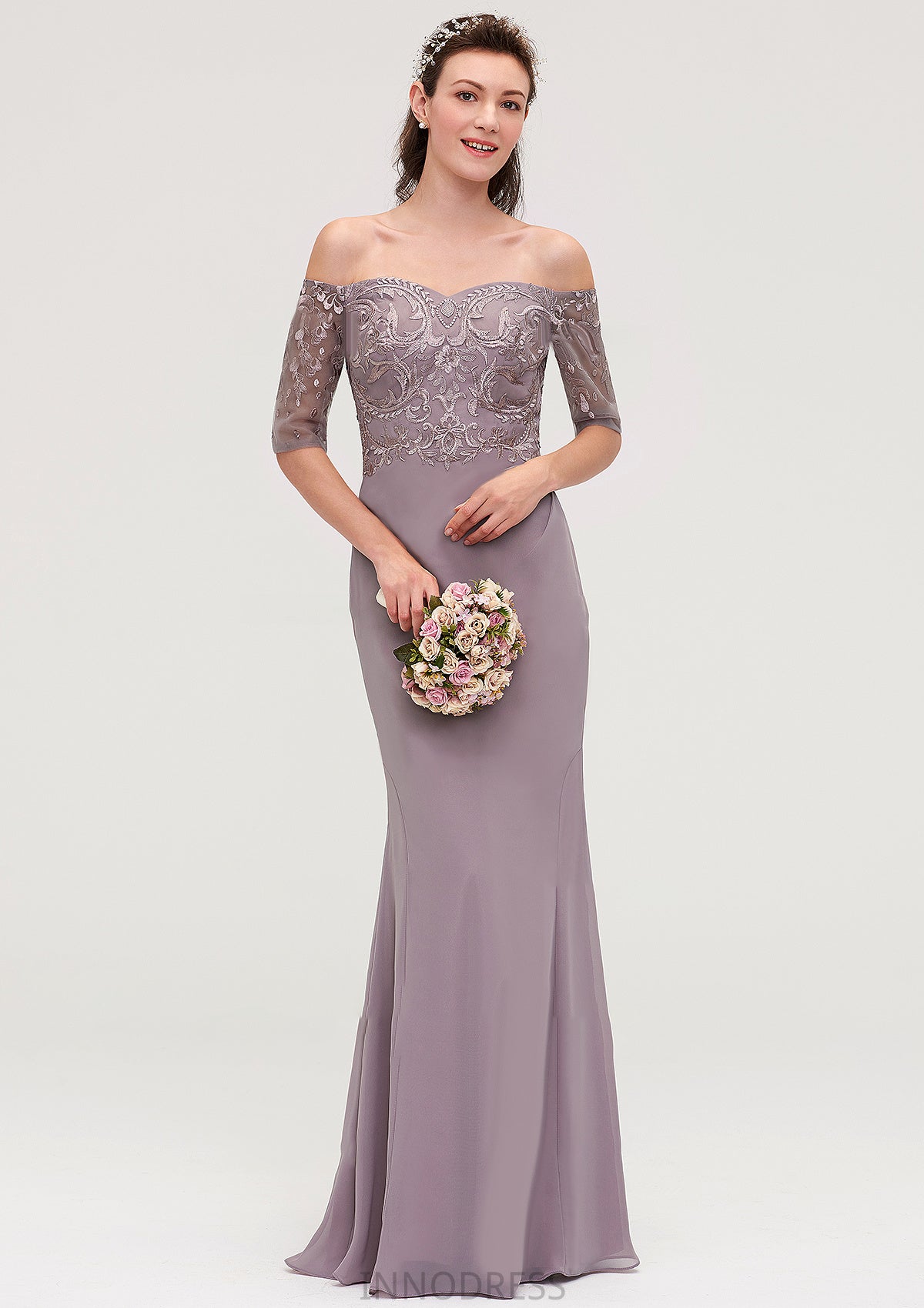 Off-the-Shoulder Half Sleeve Sheath/Column Long/Floor-Length Chiffon Bridesmaid Dresseses With Appliqued Hadley DPP0025458