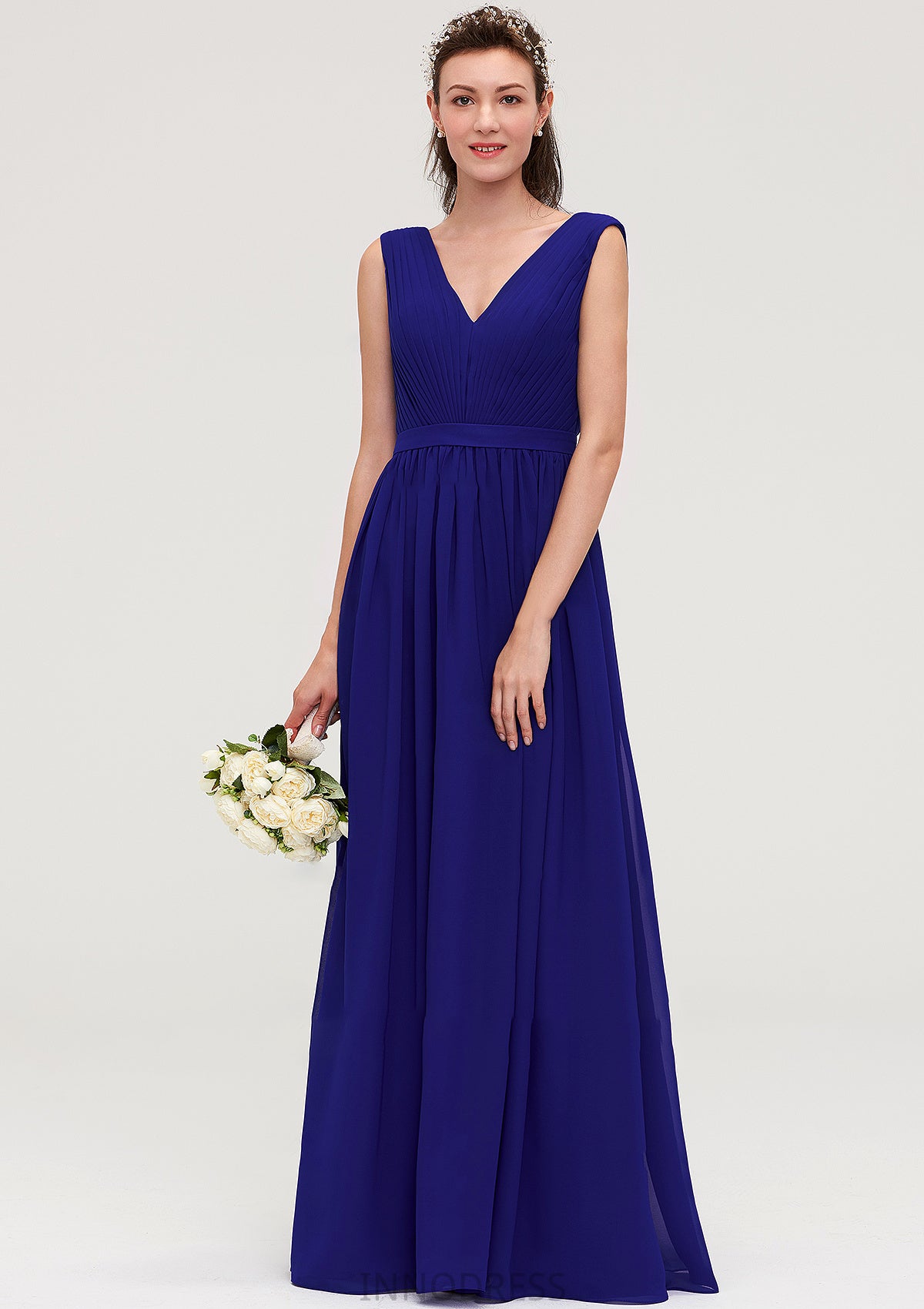 Sleeveless V Neck Chiffon A-line/Princess Long/Floor-Length Bridesmaid Dresseses With Pleated Destiney DPP0025459