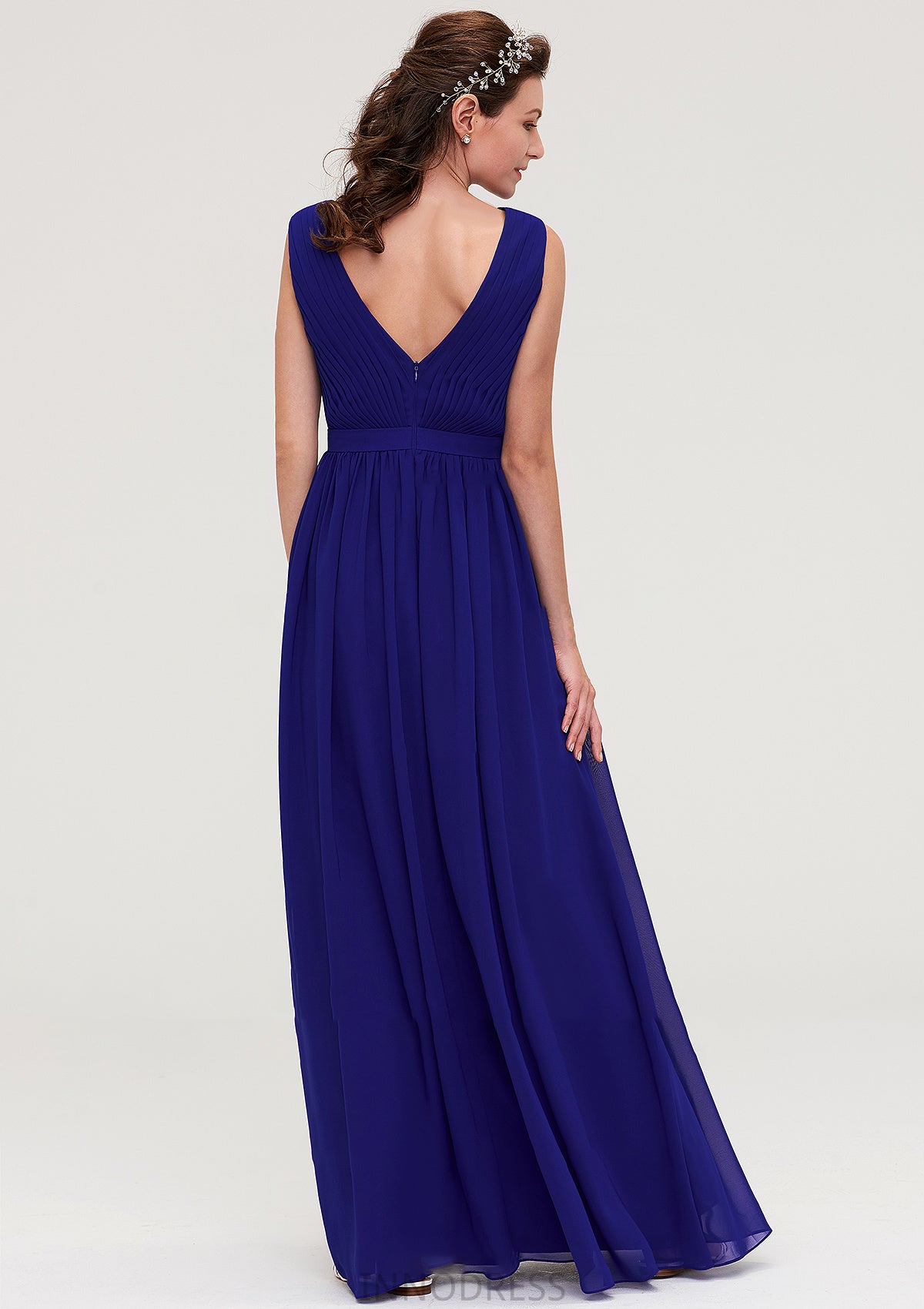 Sleeveless V Neck Chiffon A-line/Princess Long/Floor-Length Bridesmaid Dresseses With Pleated Destiney DPP0025459