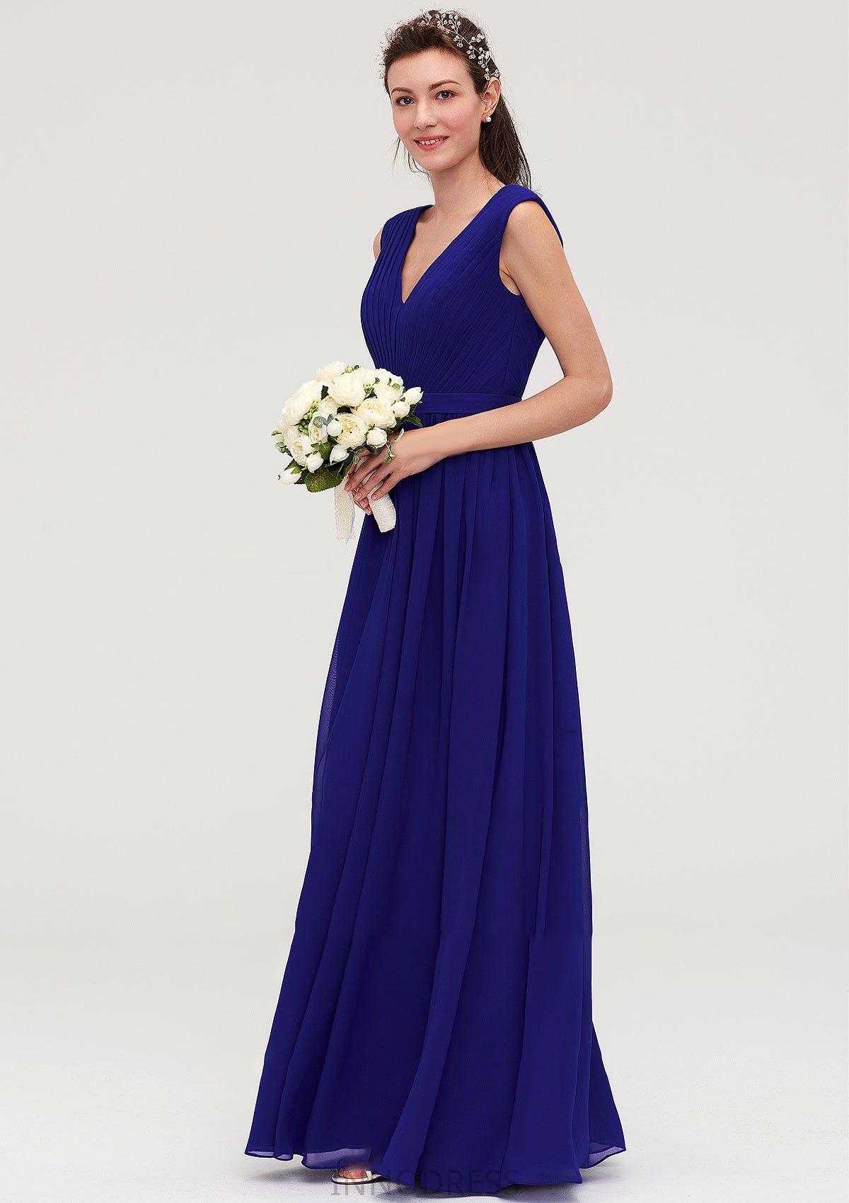 Sleeveless V Neck Chiffon A-line/Princess Long/Floor-Length Bridesmaid Dresseses With Pleated Destiney DPP0025459